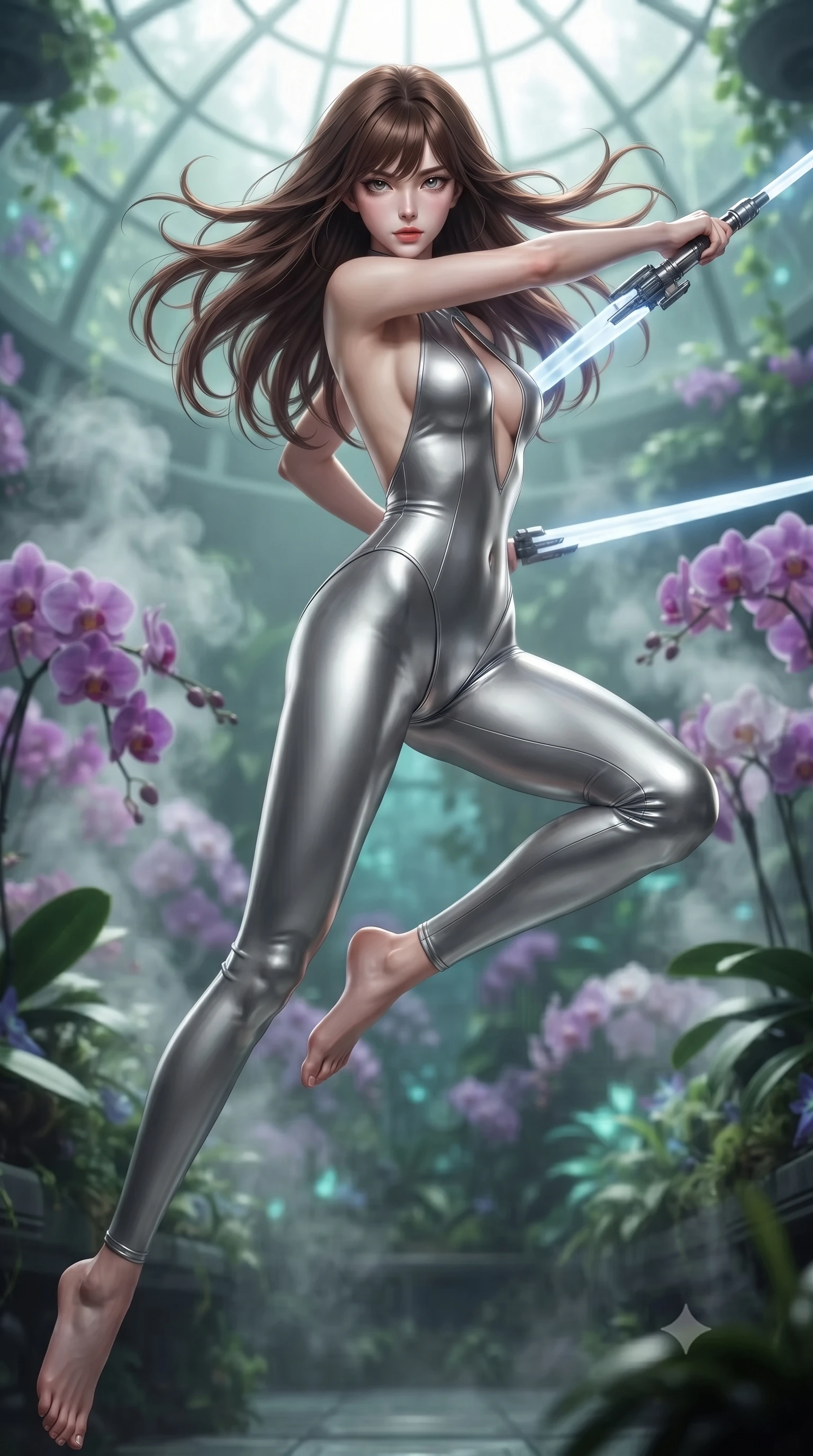 score_9, masterpiece, best quality, ultra-detailed, high-budget anime keyframe, editorial fashion photography, tasteful artistic composition, Korean woman. low angle full-body shot from head to toe showing her feet, filling the entire 9:16 vertical frame with her statuesque presence, stretching her vertical silhouette. leaping forward while slashing with a twin-bladed plasma sword in mid-air, her body-contouring suit showing her athletic silhouette, the background shows a soft-focus a botanical sanctuary dome filled with bio-engineered purple orchids and steam. She has an absolutely perfect, statuesque 8.5-heads proportion, an exceptionally tall and slender model-like female figure with impossibly long slender legs and an ultra-slim waist. sharp v-shaped jawline, high-bridge nose, intricate jewel-like eyes with depth, thick eyelashes, glossy lips with a natural sheen. wearing a body-hugging backless combat bodysuit in metallic silver, featuring a plunging keyhole cutout and low-cut back. soft green and indigo bioluminescent plant lighting casting a serene ambient glow. ultra-reflective glossy finish, specular highlights, metallic sheen, high-contrast stereoscopic depth, volumetric dynamic lighting, 2k, ultra detail, master piece, 9:16 ratio
