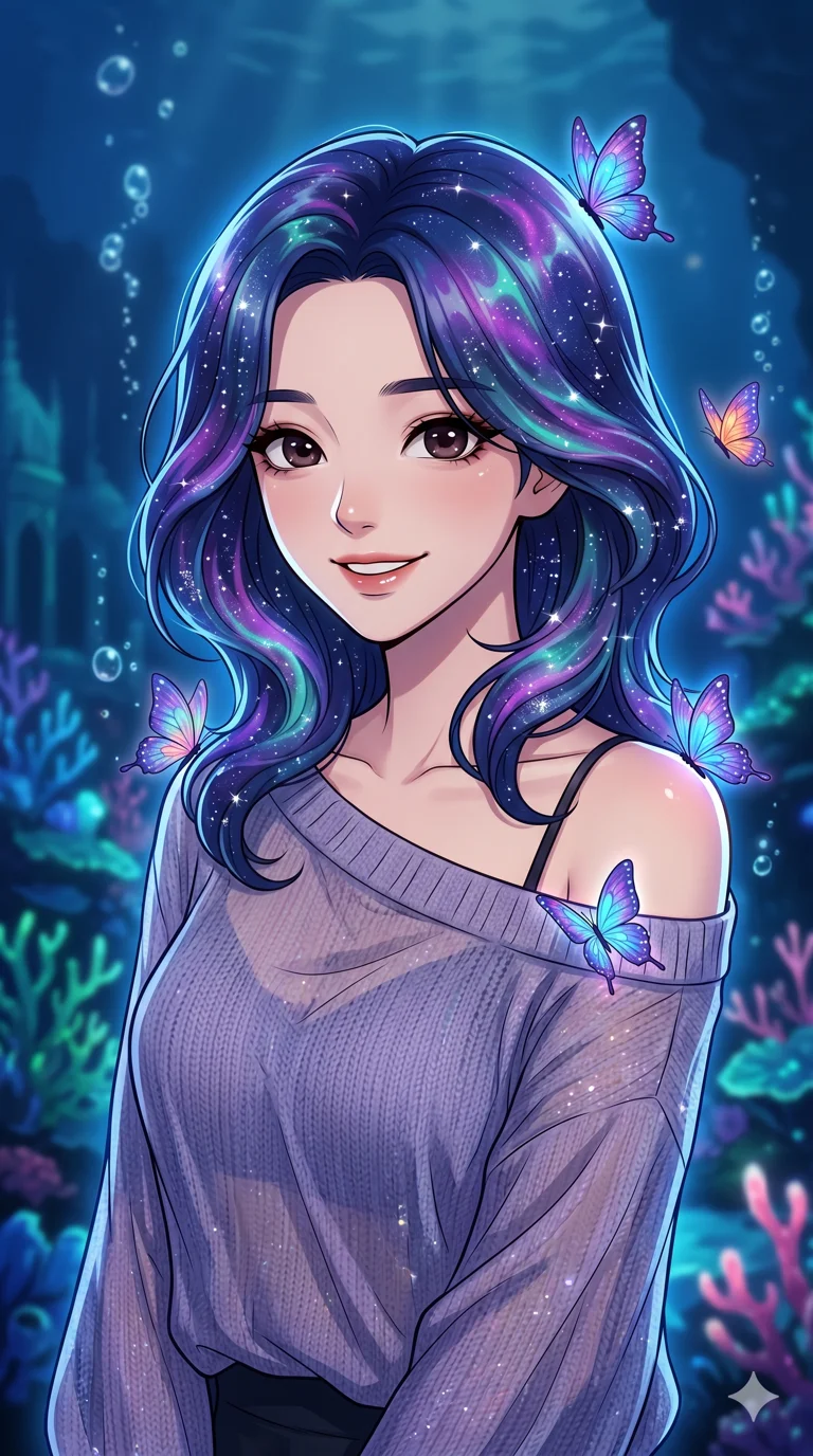 score_9, masterpiece, best quality, ultra-detailed, high-budget anime keyframe, vibrant colors and expressive line art, an incredibly beautiful Korean woman. Medium shot of upper body focusing on her alluring and cute features and her galaxy-themed hair featuring deep midnight blue with sparkling silver and purple stardust highlights, filling the vertical 9:16 frame. She is giggling while colorful digital butterflies land on her shoulders. She has a sharp v-shaped jawline, high-bridge nose, intricate jewel-like eyes, thick eyelashes, and glossy lips. She possesses an absolutely perfect 8-heads proportion and a slim-fit silhouette. She is wearing a sheer fabric oversized sweater that falls off one shoulder, revealing a slim strap, highlighting her alluring silhouette. a magical underwater kingdom with glowing corals and bubbles, dramatic rim lighting, cinematic shadows, 2k, ultra detail, master piece, 9:16 ratio