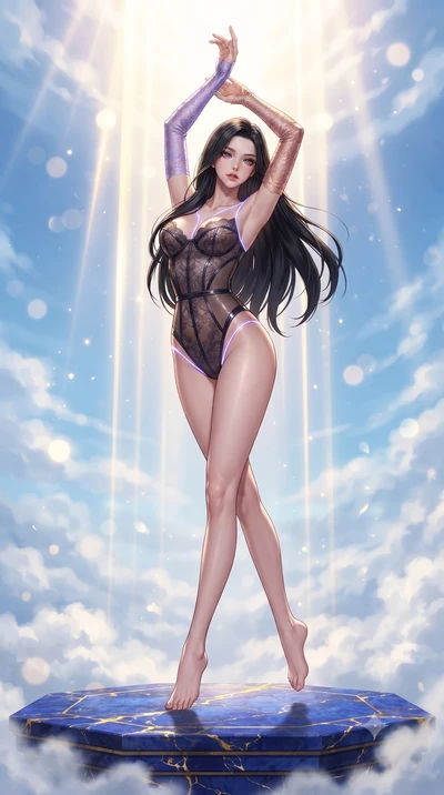 score_9, masterpiece, best quality, ultra-detailed, high-budget anime keyframe, editorial fashion photography, tasteful artistic composition, Korean woman. low angle full-body shot from head to toe showing her feet, filling the entire 9:16 vertical f