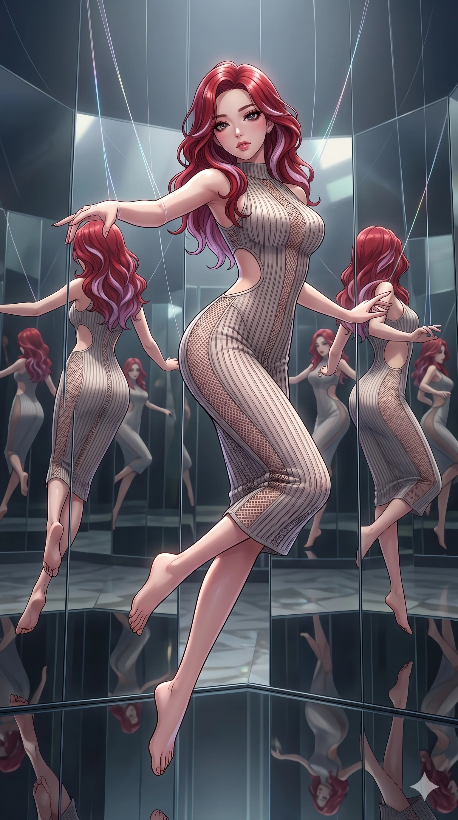 score_9, masterpiece, best quality, ultra-detailed, High-budget Anime Keyframe, East Asian woman. Dynamic full-body shot stretching the vertical silhouette to the limit. Scenario 146: Suspended by invisible silk threads in a hall of mirrors. Her presence is magnetic and overpowering in this high-budget anime scene. Outfit 146: A ribbed bodycon knit mesh with a strategic side cut-outs and tight-fitting silhouette. The clothing is designed to emphasize her exceptionally tall and slender 8-heads proportion. 8-heads proportion, towering silhouette, ultra-slim waist. sharp v-shaped jawline, intricate jewel-like eyes with depth, thick eyelashes, glossy lips. 2k, ultra detail, master piece, 9:16 ratio