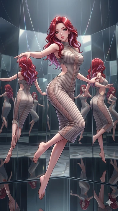 score_9, masterpiece, best quality, ultra-detailed, High-budget Anime Keyframe, East Asian woman. Dynamic full-body shot stretching the vertical silhouette to the limit. Scenario 146: Suspended by invisible silk threads in a hall of mirrors. Her pres