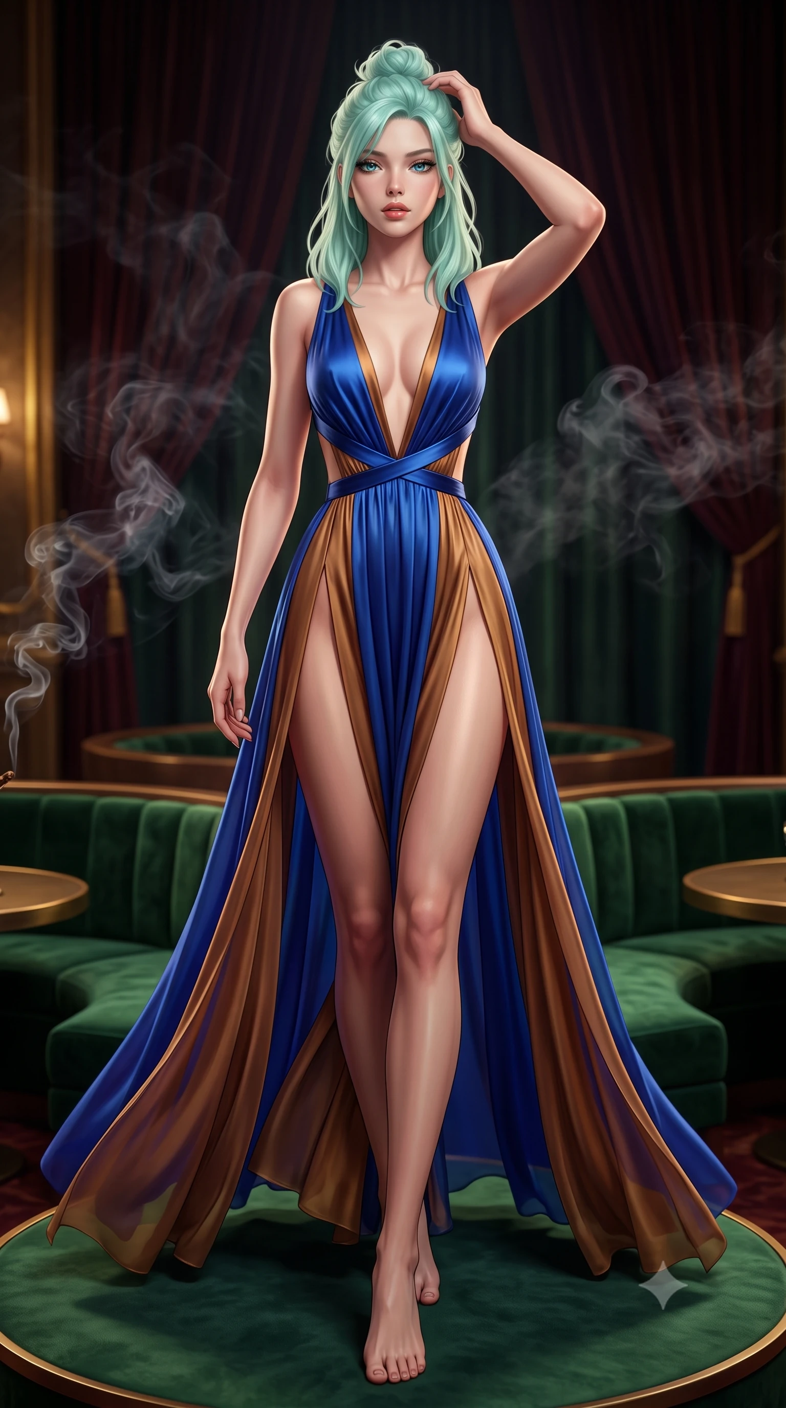 score_9, masterpiece, best quality, ultra-detailed, high-budget anime keyframe, semi-realistic 3D game render, editorial fashion photography, tasteful artistic composition, Japanese woman. low angle full-body shot from head to toe showing her feet, filling the entire 9:16 vertical frame with her statuesque presence, stretching her vertical silhouette. striding forward in a proud supermodel runway stride, hips swaying in an alluring kinetic rhythm that accentuates her curvy hourglass silhouette while reclining languidly in an oversized emerald velvet circular booth, running fingers through her glossy hair as saxophone melodies drift. The composition keeps background elements in soft focus with creamy bokeh. drifting cigar smoke swirls and dark velvet draperies softened in moody 1930s shallow depth of field. She has an exceptionally tall and slender model-like 8.5-heads proportion, an ultra-slim waist, a flat toned midriff, narrow delicate ribcage, and beautifully sculpted feminine hips creating a graceful, slim hourglass silhouette without any bulky heaviness, with impossibly long slender legs. sharp v-shaped jawline, high-bridge nose, intricate jewel-like eyes with depth, thick eyelashes, glossy parted lips with a natural sheen, intensely captivating and seductive bedroom-eyes expression, flawlessly proportioned anatomical accuracy, strict slender model proportions, natural body alignment, perfectly sculpted long slender limbs, ultra-slim waistline, clean dynamic posture without body distortion. wearing a plunging-V neckline duchess satin gown with high side slits ascending to the high hip in royal sapphire blue and liquid bronze, woven from layered gossamer chiffon with a weightless sweeping drape, finished with criss-cross back satin straps highlighting her graceful shoulder blades, the dramatically scooped open back descending to the base of her spine, accentuating her razor-sharp statuesque lines and slim hourglass silhouette. surrounded by a sultry, scandalous, and irresistibly intoxicating jazz-age siren aura. highly saturated vibrant anime colors, detailed shading with soft gradients, rich glossy textures, high-contrast stereoscopic depth, volumetric dynamic lighting, master piece, 9:16 ratio
