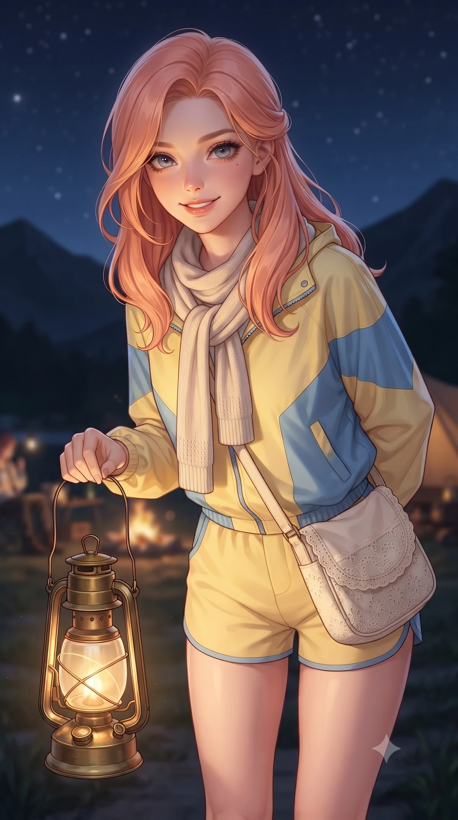 score_9, masterpiece, best quality, ultra-detailed, high-budget anime keyframe, editorial fashion photography, tasteful artistic composition, Japanese woman. close-up cowboy shot from the waist and thighs up, the character dominates the composition, filling the frame with her large presence. clasping her hands behind her back and leaning forward playfully with a sweet, innocent girlhood expression while holding a vintage brass camping lantern that casts a warm, golden glow across her sweet, radiant face. The composition keeps background elements in soft focus with creamy bokeh. dark mountain silhouettes and distant campsite campfires softened in smooth nocturnal depth of field. She has an exceptionally elegant, slender, and willowy female figure with an ultra-slim waist, a gracefully sculpted slender torso, toned flat midriff, and a refined slim silhouette. sharp v-shaped jawline, high-bridge nose, intricate jewel-like eyes with depth, thick eyelashes, glossy lips with a natural sheen, pure and lovely fresh girlhood expression, flawlessly proportioned anatomical accuracy, strict slender model proportions, natural body alignment, perfectly sculpted long slender limbs, ultra-slim waistline, clean dynamic posture without body distortion. wearing a cute sporty pastel windbreaker paired with high-waisted active shorts and a canvas crossbody bag in sunny daffodil yellow and french blue, woven with delicate eyelet lace and breathable cotton voile, finished with a lightweight knitted scarf draped loosely around her neck, the chic real-way fashion cut emphasizing her effortless charm, flat midriff, and slender model proportions. illuminated by soft celestial starlight and lantern rim light defining her slender, elegant silhouette. ultra-reflective glossy finish, specular highlights, rich natural textures, high-contrast stereoscopic depth, volumetric dynamic lighting, 2k, ultra detail, master piece, 9:16 ratio
