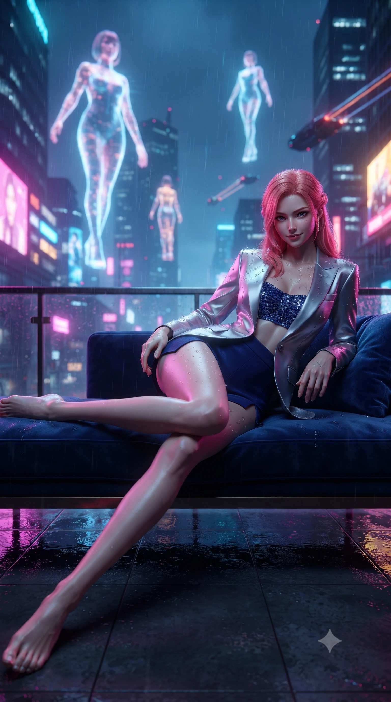 score_9, masterpiece, best quality, ultra-detailed, high-budget anime keyframe, editorial fashion photography, tasteful artistic composition, Japanese woman. low angle full-body shot from head to toe showing her feet, filling the entire 9:16 vertical frame with her statuesque presence, stretching her vertical silhouette. reclining gracefully across the plush chaise lounge with one leg extended, her sculpted silhouette and flat midriff radiating magnetic nocturnal glamour while lounging across an outdoor weather-resistant daybed propped on one elbow, her flat midriff and long slender legs commanding the futuristic vista. The background shows a soft-focus monumental holographic advertising figures floating in mid-air, rainy neon skyscrapers, and flying vehicle trails blurred into electric fuchsia, cyan, and amber bokeh. She has an absolutely perfect, statuesque 8.5-heads proportion, an exceptionally tall and slender model-like female figure with impossibly long slender legs, an ultra-slim waist, a flat toned midriff, narrow delicate ribcage, and beautifully sculpted feminine hips creating a graceful, slim hourglass silhouette without any bulky heaviness. sharp v-shaped jawline, high-bridge nose, sparkling eyes with hypnotic seductive depth, thick curled eyelashes, glossy parted lips with a natural dewy peach sheen, alluring bedroom-eyes with an enchanting coquettish smile, exuding magnetic siren charisma and sophisticated glamour, flawlessly proportioned anatomical accuracy, strict slender model proportions, natural body alignment, perfectly sculpted long slender limbs, ultra-slim waistline, clean dynamic posture without body distortion. wearing a tailored open-front satin smoking jacket worn over a jewel-embellished bandeau and micro-shorts in molten liquid silver and deep sapphire navy, tailored from fine structural neoprene with crisp architectural edges and smooth contouring, finished with glistening drops of pool water beading across her sculpted shoulders and collarbones, the high-slit wrap tailoring accentuating her ultra-slim waistline and the enchanting curve of her feminine hips with alluring seductive charm. illuminated by wet floor specular reflections and sharp magenta-cyan rim lights sculpting her razor-sharp jawline, narrow waist, and curvy hips. ultra-reflective glossy finish, specular highlights, rich textural contrasts, high-contrast stereoscopic depth, volumetric dynamic lighting, 2k, ultra detail, master piece, 9:16 ratio