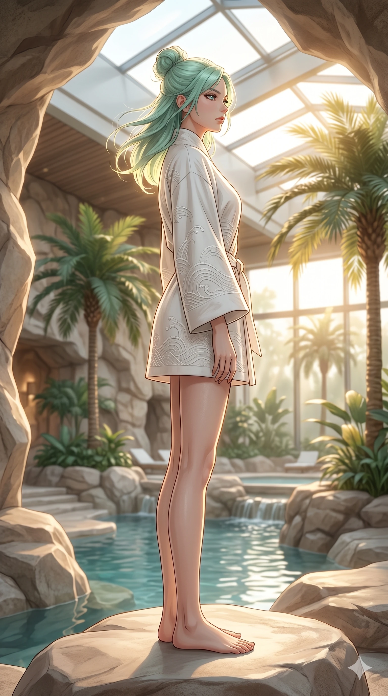 score_9, masterpiece, best quality, ultra-detailed, high-budget anime keyframe, editorial fashion photography, tasteful artistic composition, Japanese woman. low angle full-body shot from head to toe showing her feet, filling the entire 9:16 vertical frame with her statuesque presence, stretching her vertical silhouette. standing tall on a rocky overlook, her face turned in profile to catch the wind, with a composed expression inside a bright resort spa with indoor palm trees and warm sunbeams (Code-P19-043). She has an absolutely perfect 8-heads proportion, an exceptionally tall and slender female figure with impossibly long slender legs and an ultra-slim waist. V-shaped jawline, high-bridge nose, intricate jewel-like eyes with depth, thick eyelashes, glossy lips with a natural sheen. wearing a structured high-neck resort robe in white organic cotton with wave embroidery. warm glowing resort light filtering through the glass, outlining her V-shaped jawline. 2k, ultra detail, master piece, 9:16 ratio
