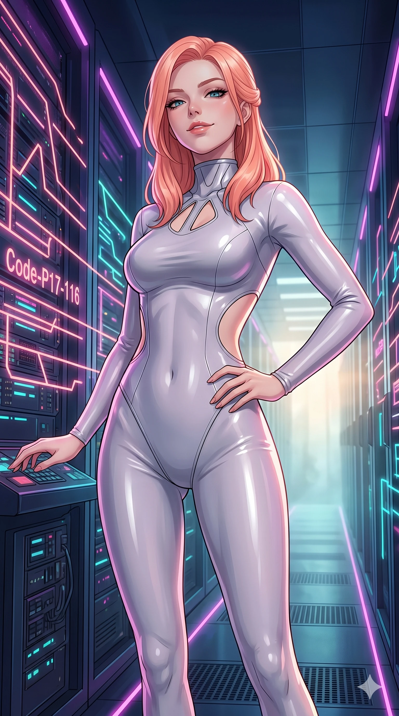 score_9, masterpiece, best quality, ultra-detailed, high-budget anime keyframe, editorial fashion photography, tasteful artistic composition, Japanese woman. cowboy shot from the thighs up, character and outfit filling the frame for maximum editorial presence. tilting her head back slightly, looking down with a self-assured smile in a cyberpunk server corridor with pulsing neon lines (Code-P17-116). She has an absolutely perfect 8-heads proportion, an exceptionally tall and slender female figure with impossibly long slender legs and an ultra-slim waist. V-shaped jawline, high-bridge nose, intricate jewel-like eyes with depth, thick eyelashes, glossy lips with a natural sheen. wearing a sleek latex sleek form-fitting suit with a elegant neck and side cutouts. soft morning sunbeams filtering through the mist, creating a soft glowing atmosphere. 2k, ultra detail, master piece, 9:16 ratio