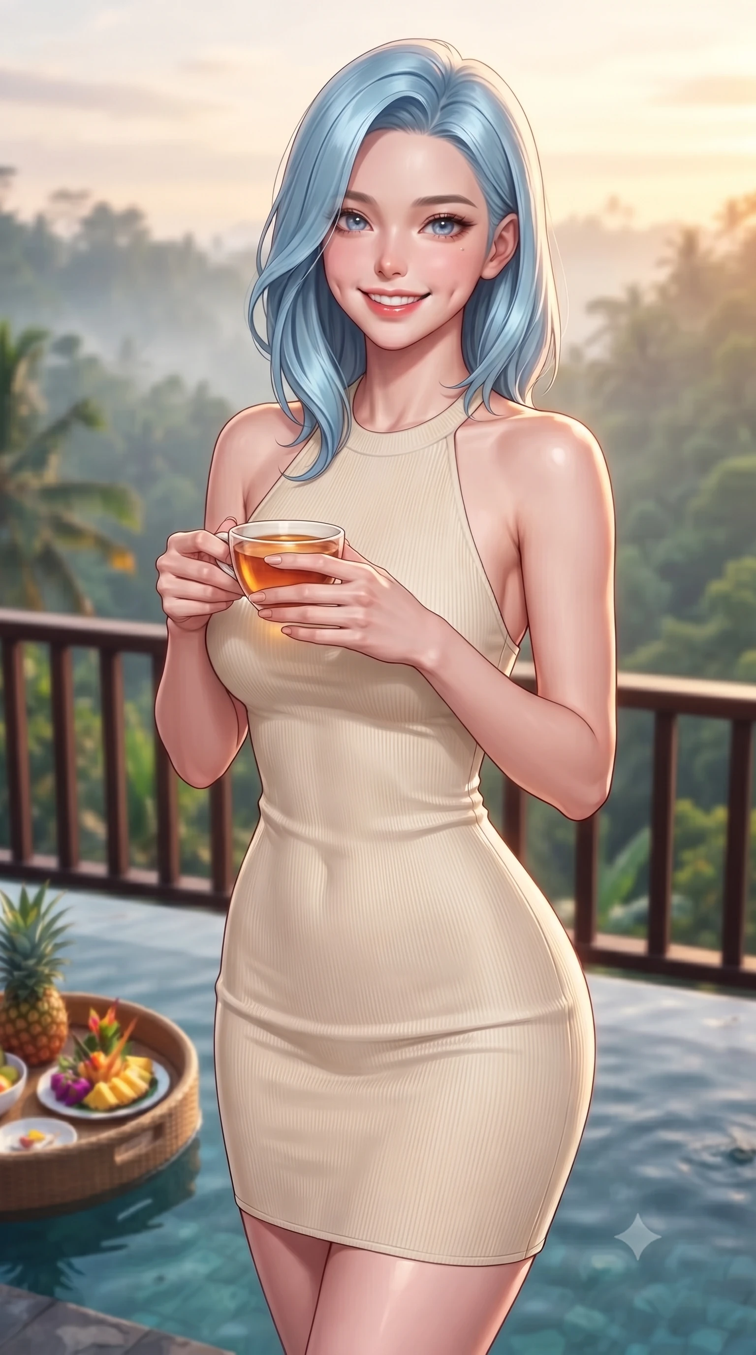score_9, masterpiece, best quality, ultra-detailed, high-budget anime keyframe, editorial fashion photography, tasteful artistic composition, Korean woman. close-up cowboy shot from the waist and thighs up, the character dominates the composition, filling the frame with her large presence, background elements kept in soft focus. smiling with soft, cute dimples, holding a warm cup of tea with both hands set against a soft-focus background of on a scenic resort balcony overlooking a misty valley of tropical forest with a small pool tray floating on the water with tropical snacks. She has an exceptionally elegant, slender, and willowy female figure with an ultra-slim waist, a gracefully sculpted slender torso, and a refined silhouette. sharp v-shaped jawline, high-bridge nose, intricate jewel-like eyes with depth, thick eyelashes, glossy lips with a natural sheen. wearing tailored sleek, tight-fitting knit halter dress in cream, tracing her slender silhouette. warm, golden resort twilight lighting casting a relaxing, luxurious ambiance. highly saturated vibrant anime colors, detailed shading with soft gradients, rich glossy textures, high-contrast stereoscopic depth, volumetric dynamic lighting, master piece, 9:16 ratio