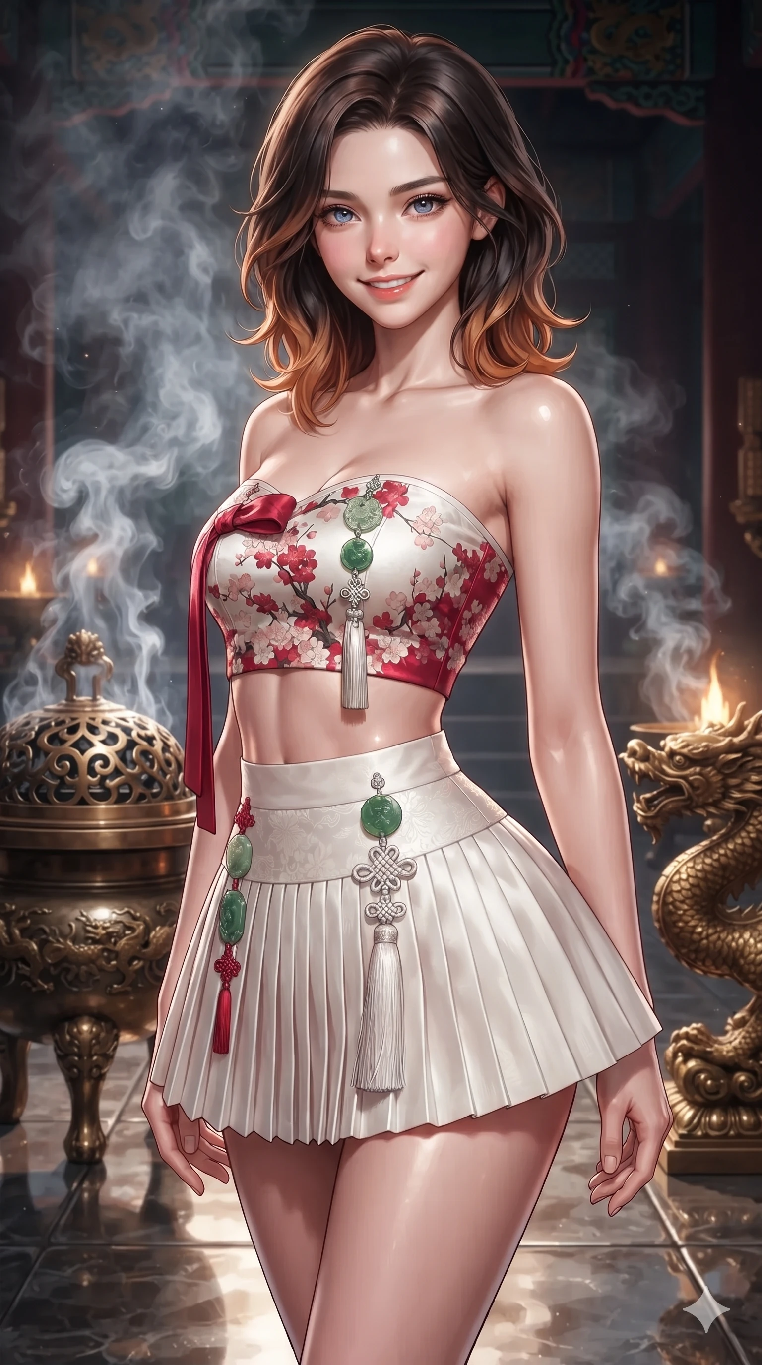 score_9, masterpiece, best quality, ultra-detailed, high-budget anime keyframe, editorial fashion photography, tasteful artistic composition, Korean woman. close-up cowboy shot from the waist and thighs up, the character dominates the composition, filling the frame with her large presence. smiling with quiet, magnetic self-assurance directly into the camera, her sculpted waistline catching specular moonbeam highlights while twisting her slender torso in an alluring S-curve among drifting incense smoke, warm brazier embers illuminating her hourglass curves. The surrounding environment is rendered in vivid detail and crisp panoramic clarity: sharp bronze incense burner openwork lid, carved gilt wood dragon scales, and polished stone floor reflections in deep focus. She has an exceptionally elegant, slender, and willowy female figure with an ultra-slim waist, flat toned midriff, narrow ribcage, and sculpted feminine hips creating an alluring, slim hourglass silhouette without bulk. sharp v-shaped jawline, high-bridge nose, sparkling eyes with hypnotic seductive depth, thick curled eyelashes, glossy parted lips with a natural dewy peach sheen, alluring bedroom-eyes with an enchanting coquettish smile, exuding magnetic siren charisma and sophisticated glamour, flawlessly proportioned anatomical accuracy, strict slender model proportions, natural body alignment, perfectly sculpted long slender limbs, ultra-slim waistline, clean dynamic posture without body distortion. wearing a modern boned hanbok bustier top with norigae tassel paired with an ultra-short micro-pleated silk wrap mini skirt in pure snow white and vivid cherry blossom crimson, tailored from heavy double-faced silk faille with an exceptionally fluid drape, finished with authentic carved jade pendants and traditional norigae knots, the bespoke structured tailoring following the natural line of her 8.5-heads silhouette with refined elegance. bathed in warm 2200K bronze brazier glow cutting through atmospheric white incense smoke. ultra-reflective glossy finish, specular highlights, rich textural contrasts, high-contrast stereoscopic depth, volumetric dynamic lighting, 2k, ultra detail, master piece, 9:16 ratio