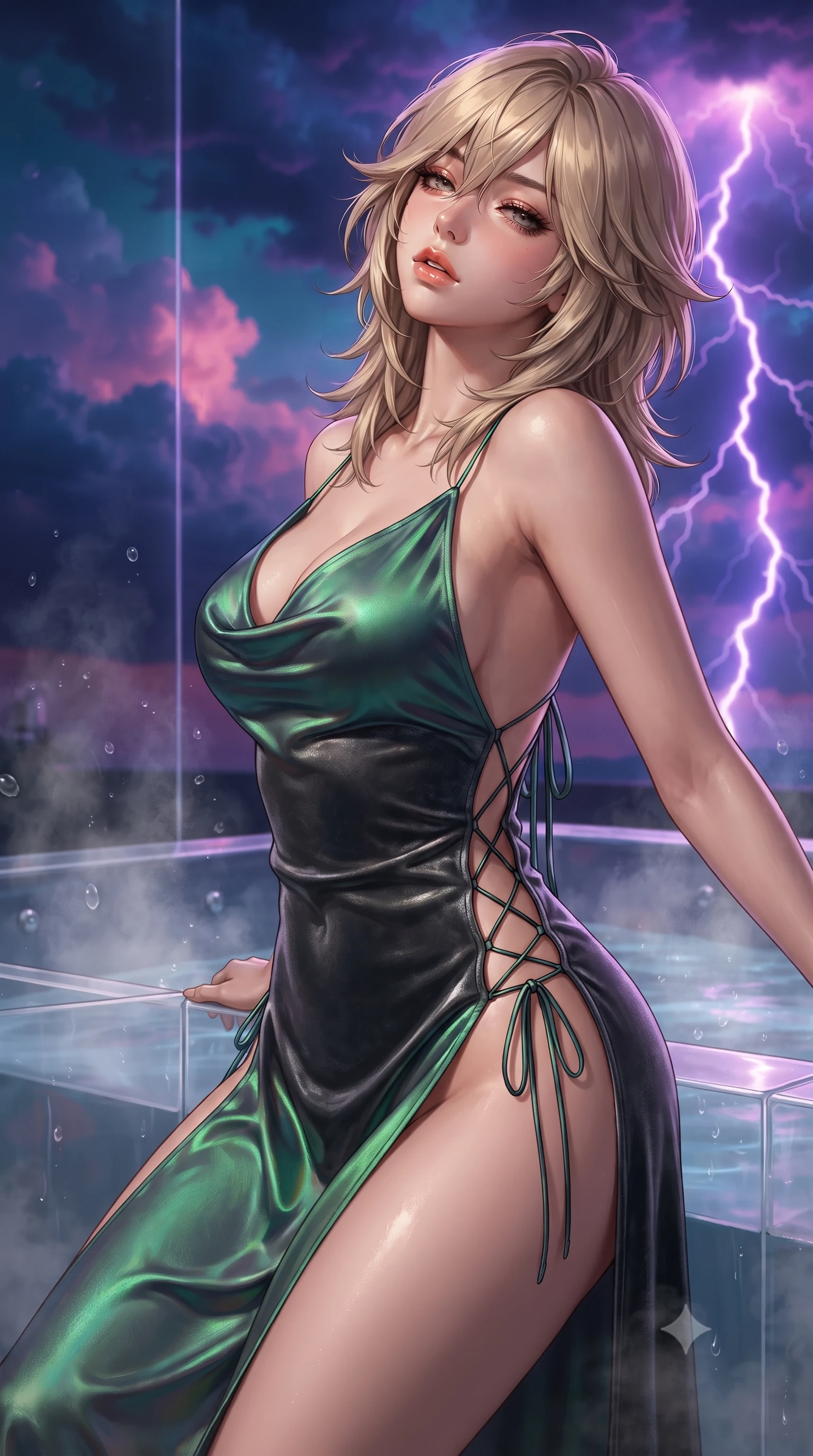 score_9, masterpiece, best quality, ultra-detailed, high-budget anime keyframe, editorial fashion photography, tasteful artistic composition, Japanese woman. close-up cowboy shot from the waist and thighs up, the character dominates the composition, filling the frame with her large presence. leaning back against the balustrade with relaxed seductive grace, head tilted back slightly while casting a hypnotic, heavy-lidded gaze while leaning against the transparent jacuzzi wall with hips cocked back, looking over a bare shoulder toward lightning dancing in neon clouds. The surrounding environment is rendered in vivid detail and crisp panoramic clarity: sharp transparent acrylic tub corner joint clarity, rising steam vapor droplets, and lightning bolt branches in deep focus. She has an exceptionally elegant, slender, and willowy female figure with an ultra-slim waist, flat toned midriff, narrow ribcage, and sculpted feminine hips creating an alluring, slim hourglass silhouette without bulk. sharp v-shaped jawline, high-bridge nose, sparkling eyes with hypnotic seductive depth, thick curled eyelashes, glossy parted lips with a natural dewy peach sheen, alluring bedroom-eyes with an enchanting coquettish smile, exuding magnetic siren charisma and sophisticated glamour, flawlessly proportioned anatomical accuracy, strict slender model proportions, natural body alignment, perfectly sculpted long slender limbs, ultra-slim waistline, clean dynamic posture without body distortion. wearing a plunging cowl-neck liquid silk satin slip gown with daring hip-high double slits and delicate back ties in iridescent emerald satin and dark charcoal velvet, tailored from ultra-plush velvet with rich tactile depth and deep shadow gradients, featuring fine criss-cross lace-up side ties revealing tantalizing glimpses of her hip curve, the liquid-tight tailored fabric clinging flawlessly to her narrow waist and rounded feminine hips, emphasizing every millimeter of her sculpted slim hourglass curves without any bulky heaviness. bathed in warm 3200K underwater tub illumination paired with sudden electric purple lightning flashes from passing clouds. ultra-reflective glossy finish, specular highlights, rich textural contrasts, high-contrast stereoscopic depth, volumetric dynamic lighting, 2k, ultra detail, master piece, 9:16 ratio