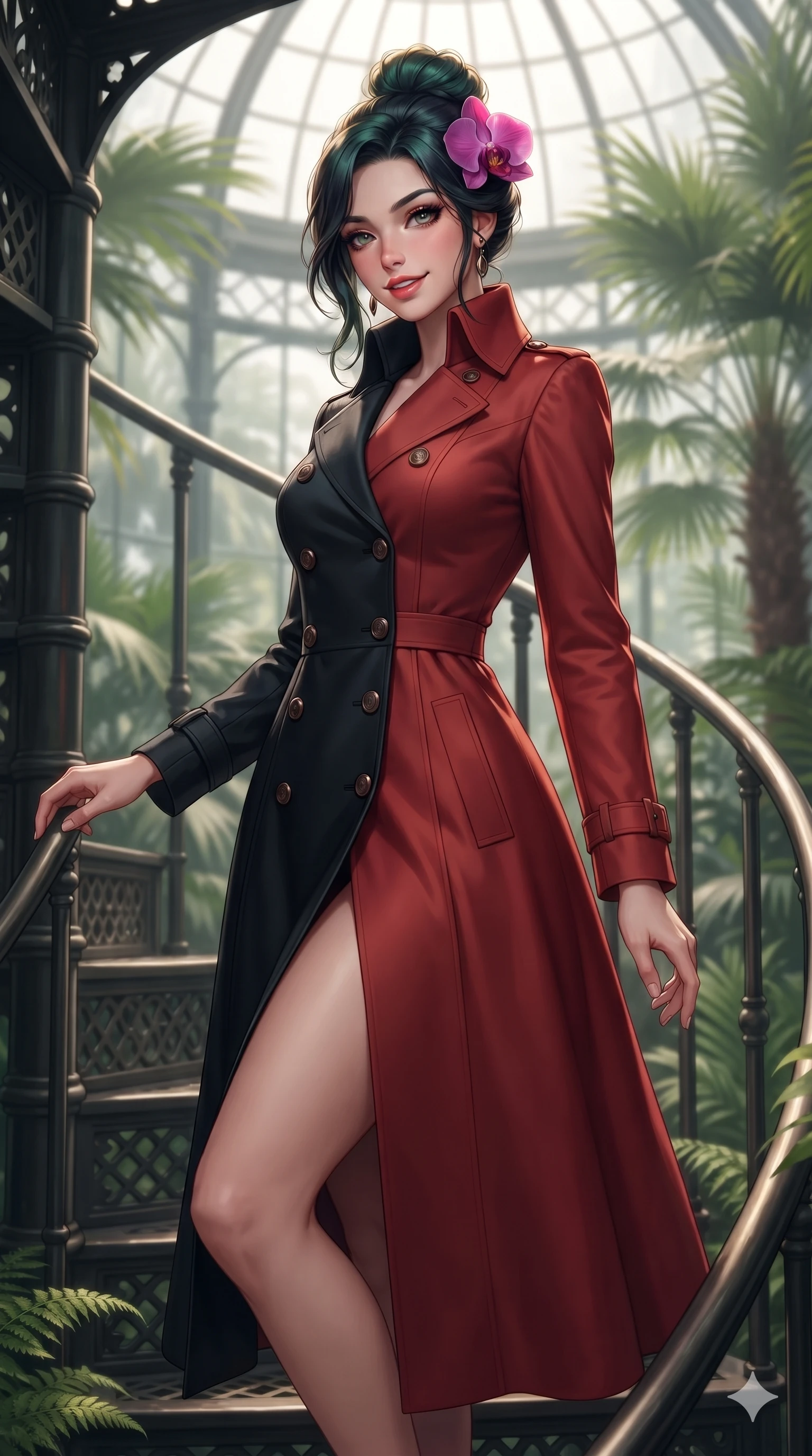 score_9, masterpiece, best quality, ultra-detailed, high-budget anime keyframe, editorial fashion photography, tasteful artistic composition, Japanese woman. close-up cowboy shot from the waist and thighs up, the character dominates the composition, filling the frame with her large presence. tilting her head with a teasing half-smile, running one hand slowly down the side of her hip in a flirtatious S-curve as ambient light caresses her silhouette while stepping gracefully down the spiral iron steps with feline poise, her long slender legs and curvy hourglass hips commanding the lush conservatory. The background shows a soft-focus Victorian architectural palm house softened in botanical shallow focus. She has an exceptionally elegant, slender, and willowy female figure with an ultra-slim waist, flat toned midriff, narrow ribcage, and sculpted feminine hips creating an alluring, slim hourglass silhouette without bulk. sharp v-shaped jawline, high-bridge nose, sparkling eyes with hypnotic seductive depth, thick curled eyelashes, glossy parted lips with a natural dewy peach sheen, alluring bedroom-eyes with an enchanting coquettish smile, exuding magnetic siren charisma and sophisticated glamour, flawlessly proportioned anatomical accuracy, strict slender model proportions, natural body alignment, perfectly sculpted long slender limbs, ultra-slim waistline, clean dynamic posture without body distortion. wearing a structured high-collar silk linen trench coat dress with horn buttons and pleated storm flap in midnight obsidian black and rich cinnabar red, tailored from crisp high-density botanical cotton poplin with pristine structural hold, accented with a fresh-bloomed exotic magenta orchid tucked gracefully into her dark glossy hair, the impeccably tailored cut draping gracefully along her slender figure with aristocratic botanical poise. illuminated by glasshouse floor reflection bounce and sharp warm-gold rim lights sculpting her jawline, ultra-slim waist, and curvy hips. ultra-reflective glossy finish, specular highlights, rich textural contrasts, high-contrast stereoscopic depth, volumetric dynamic lighting, 2k, ultra detail, master piece, 9:16 ratio