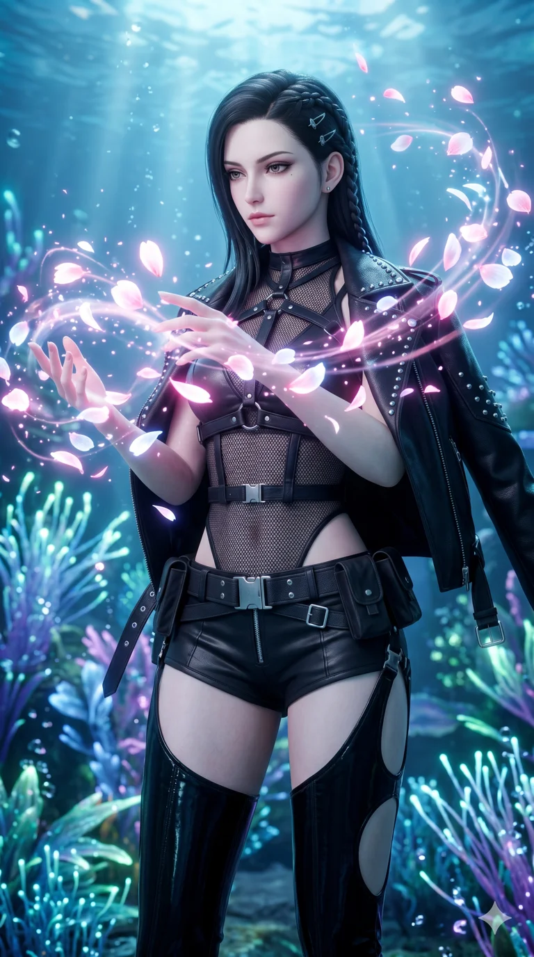 score_9, masterpiece, best quality, ultra-detailed, Semi-realistic 3D Game Render, high-fidelity character model, intricate textures, dynamic particle effects, Unreal Engine 5 aesthetic, crisp 3D depth, Caucasian woman with pale skin and refined features. Upper body close-up from the thighs up, character filling the screen for maximum presence. Summoning a flurry of glowing petals that swirl in a rhythmic dance. She has an absolutely perfect 8-heads proportion, an exceptionally tall and slender female figure with impossibly long slender legs and an ultra-slim waist, her statuesque height and towering silhouette dominating the vertical 9:16 frame. Her face is a masterpiece featuring a sharp v-shaped jawline, high-bridge nose, intricate jewel-like eyes with depth, thick eyelashes, and glossy lips with a natural sheen. She is wearing a Leather harness over a mesh bodysuit with zip-up micro-shorts and tactical belts, studded biker jacket draped over shoulders, and thigh-high patent leather boots, featuring strategic side cut-outs.. The scene is set in an underwater Eden where the plants are made of light and fiber-optics. 2k, ultra detail, master piece, 9:16 ratio