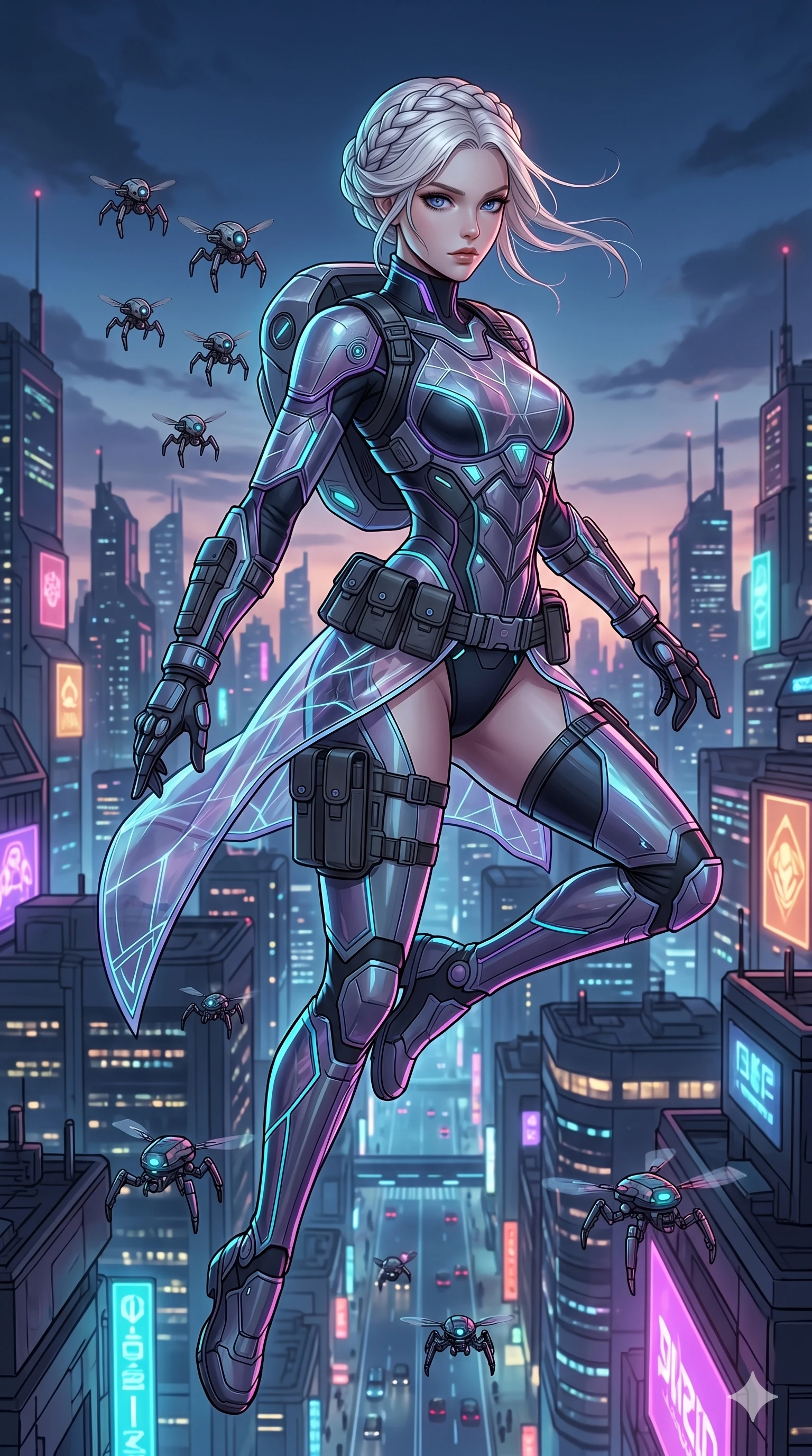 score_9, masterpiece, best quality, ultra-detailed, high-budget anime movie keyframe, cinematic anime lighting, intricate line art, Caucasian (strictly human ears) woman. Mid-air action shot capturing a graceful twist and vertical silhouette. assembling a squad of tiny scout drones that fly from her backpack. She has an absolutely perfect 8-heads proportion, an exceptionally tall and slender female figure with an ultra-slim waist and impossibly long slender legs. strictly human anatomy, two legs only, no extra limbs, clearly defined legs and arms, perfect anatomy, perfect hands and fingers. sharp v-shaped jawline, high-bridge nose, intricate jewel-like eyes, thick eyelashes, glossy lips. Wearing Tech-Fantasy: Cybernetic tech-suit with glowing seams, translucent PVC over leotard, and modular tactical gear. The scene is illuminated by dramatic atmospheric lighting and vibrant color palettes. , 2k, ultra detail, master piece, 9:16 ratio