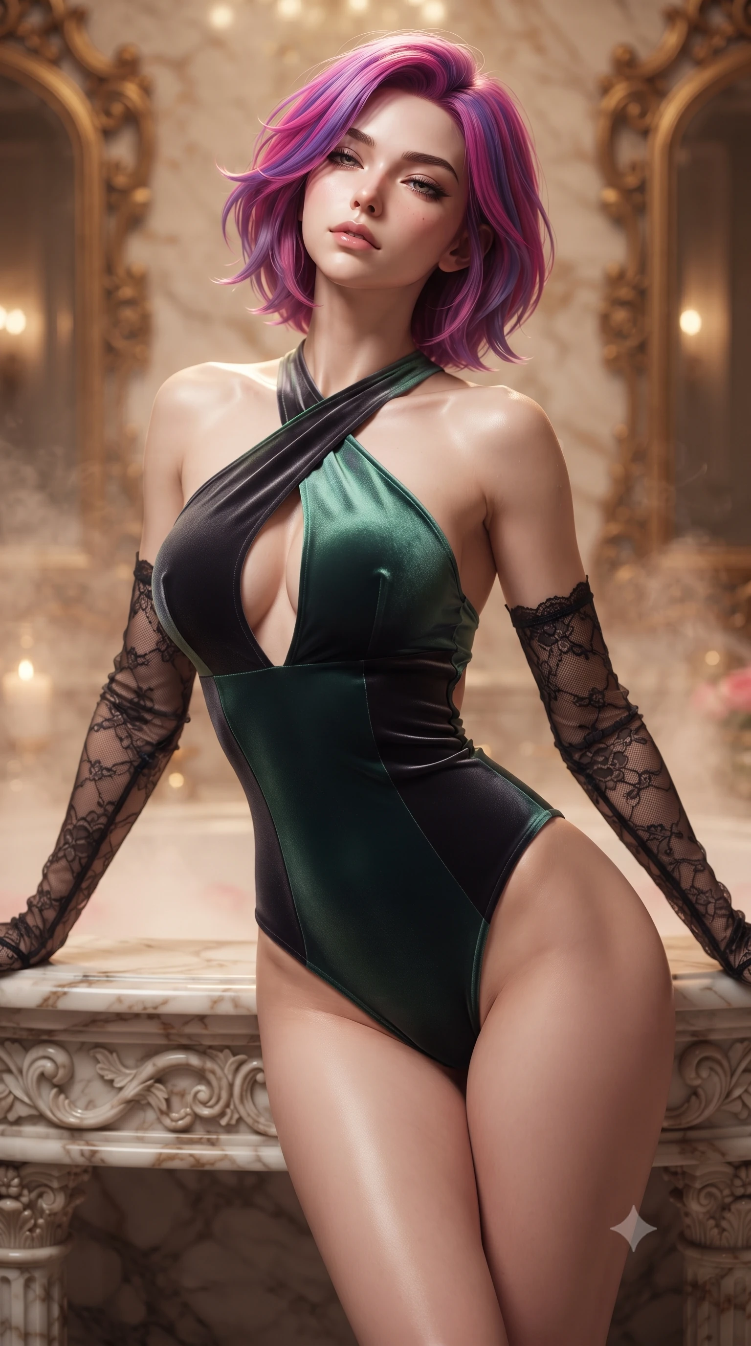 score_9, masterpiece, best quality, ultra-detailed, high-budget anime keyframe, editorial fashion photography, tasteful artistic composition, Caucasian woman. close-up cowboy shot from the waist and thighs up, the character dominates the composition, filling the frame with her large presence. leaning back against the balustrade with relaxed seductive grace, head tilted back slightly while casting a hypnotic, heavy-lidded gaze while leaning back against the carved marble vanity with hips cocked back, looking through fragrant rosewater steam with smoldering bedroom-eyes. The background shows a soft-focus gilded French baroque mirror frames softened in ultra-luxury private bath shallow focus. She has an exceptionally elegant, slender, and willowy female figure with an ultra-slim waist, flat toned midriff, narrow ribcage, and sculpted feminine hips creating an alluring, slim hourglass silhouette without bulk. sharp v-shaped jawline, high-bridge nose, sparkling eyes with hypnotic seductive depth, thick curled eyelashes, glossy parted lips with a natural dewy peach sheen, alluring bedroom-eyes with an enchanting coquettish smile, exuding magnetic siren charisma and sophisticated glamour, flawlessly proportioned anatomical accuracy, strict slender model proportions, natural body alignment, perfectly sculpted long slender limbs, ultra-slim waistline, clean dynamic posture without body distortion. wearing a criss-cross halterneck keyhole bodysuit with open back and sculpted waist darts in iridescent emerald satin and dark charcoal velvet, crafted from fluid liquid silk satin that clings smoothly to every curve with a dewy sheen, complemented by sheer opera-length lace evening gloves tracing her slender arms, the precision-cut side openings and low-back scoop framing her graceful spine and the sensual sweep of her slim, toned hips. illuminated by bathwater reflection caustics and sharp warm-gold rim lights defining her razor-sharp jawline, narrow waist, and curvy hips. ultra-reflective glossy finish, specular highlights, rich textural contrasts, high-contrast stereoscopic depth, volumetric dynamic lighting, 2k, ultra detail, master piece, 9:16 ratio