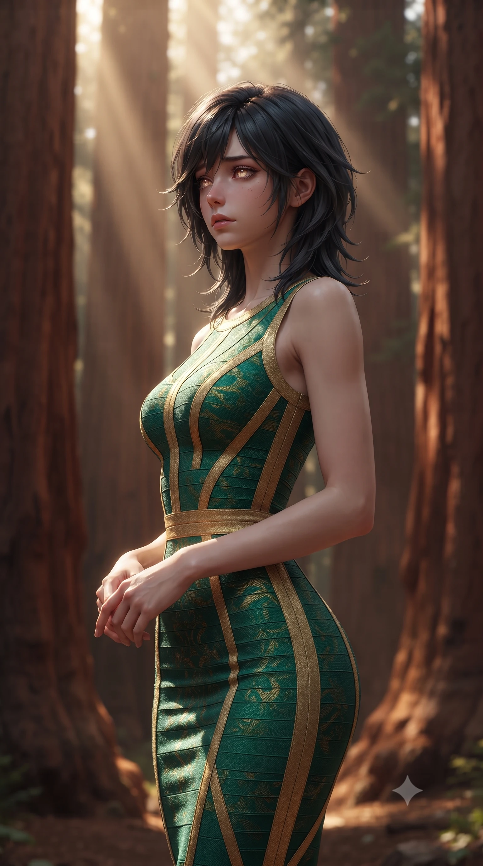 score_9, masterpiece, best quality, ultra-detailed, high-budget anime keyframe, editorial fashion photography, tasteful artistic composition, Caucasian woman, strictly human ears. close-up cowboy shot from the waist and thighs up, the character dominates the composition, filling the frame with her large presence, background elements kept in soft focus. Gazing into the distance with a wistful melancholic expression and softly glowing eyes. set against a soft-focus background of standing among the largest trees on earth in a grove of ancient giant sequoias with massive rust-red trunks and shafts of golden light piercing the canopy hundreds of meters above like divine spotlights through green cathedral arches. She has an exceptionally elegant and slender, willowy female figure with an ultra-slim waist, a gracefully sculpted slender torso, and a refined slim physique. sharp v-shaped jawline, high-bridge nose, intricate jewel-like eyes with depth, thick eyelashes, glossy lips with a natural sheen. wearing a precision-cut bandage dress in a striking emerald and gold pattern, contouring and highlighting her slender hourglass waist. dramatic chiaroscuro with a single golden key light sculpting her silhouette. 2k, ultra detail, master piece, 9:16 ratio