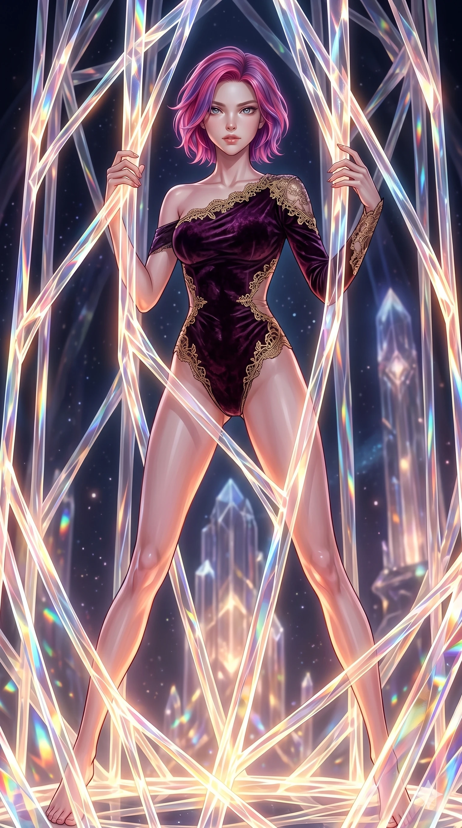score_9, masterpiece, best quality, ultra-detailed, High-budget Anime Keyframe, East Asian woman. Dynamic full-body shot stretching the vertical silhouette to the limit. Scenario 252: Trapped in a cage of glowing crystalline fibers, body pressing against the bars. Her presence is magnetic and overpowering in this high-budget anime scene. Outfit 252: A crushed dark velvet second with a low-cut shoulder and delicate lace embroidery. The clothing is designed to emphasize her exceptionally tall and slender 8-heads proportion. 8-heads proportion, towering silhouette, ultra-slim waist. sharp v-shaped jawline, intricate jewel-like eyes with depth, thick eyelashes, glossy lips. 2k, ultra detail, master piece, 9:16 ratio