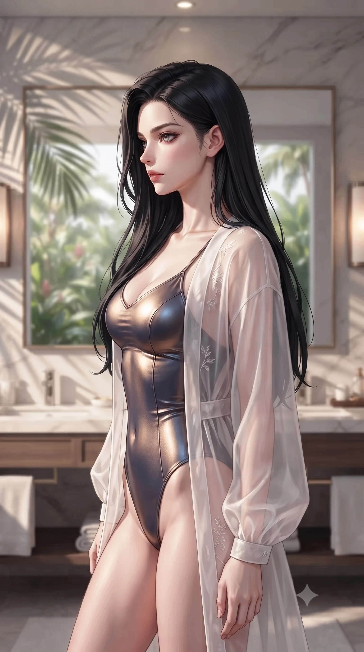 score_9, masterpiece, best quality, ultra-detailed, high-budget anime keyframe, editorial fashion photography, tasteful artistic composition, Korean woman woman. close-up cowboy shot from the waist and thighs up, the character dominates the composition, filling the frame with her large presence, background elements kept in soft focus. turning her face in sharp profile, casting a cold, mysterious, yet intensely alluring side gaze, the background shows a soft-focus a resort bathroom with double vanities, large mirrors, and view of tropical garden. She has an exceptionally elegant, slender, and willowy female figure with an ultra-slim waist, a gracefully sculpted slender torso, and a refined silhouette. sharp v-shaped jawline, high-bridge nose, intricate jewel-like eyes with depth, thick eyelashes, glossy lips with a natural sheen. wearing a form-contouring sheer white organza resort cover-up worn over a form-fitting one-piece swimsuit, showing her elegant clavicle lines. soft morning sunrays casting elegant shadows of palm leaves across the mirrors. ultra-reflective glossy finish, specular highlights, metallic sheen, high-contrast stereoscopic depth, volumetric dynamic lighting, 2k, ultra detail, master piece, 9:16 ratio