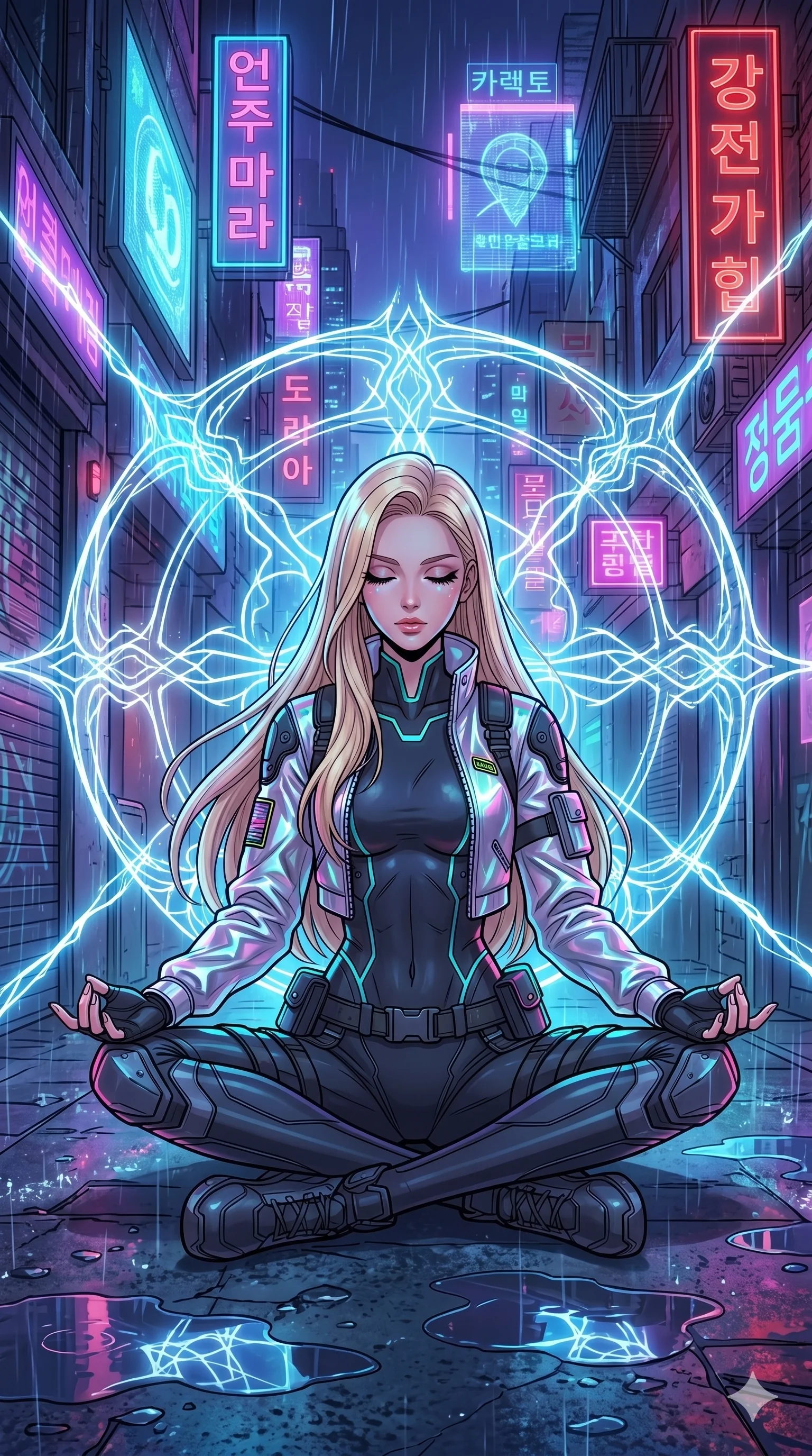 score_9, masterpiece, best quality, ultra-detailed, high-budget anime movie keyframe, cinematic anime lighting, intricate line art, Korean woman. Dynamic full-body shot stretching the vertical silhouette across the 9:16 frame. meditating peacefully in a neon-lit cyberpunk alleyway with lightning lasers. She has an absolutely perfect 8-heads proportion, an exceptionally tall and slender female figure with an ultra-slim waist and impossibly long slender legs. sharp v-shaped jawline, high-bridge nose, intricate jewel-like eyes, thick eyelashes, glossy lips. Wearing modern urban tech-wear ensemble with a cropped reflective bomber jacket, ultra-slim high-waisted cargo leggings, and tactical harness with neon-lit pouches. The scene is illuminated by dramatic atmospheric lighting and vibrant color palettes. , 2k, ultra detail, master piece, 9:16 ratio
