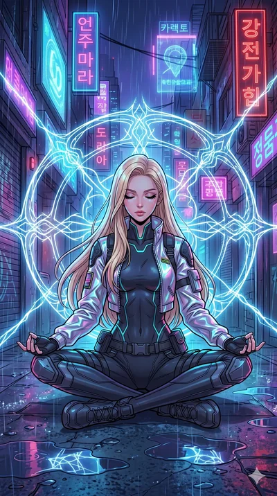 score_9, masterpiece, best quality, ultra-detailed, high-budget anime movie keyframe, cinematic anime lighting, intricate line art, Korean woman. Dynamic full-body shot stretching the vertical silhouette across the 9:16 frame. meditating peacefully i