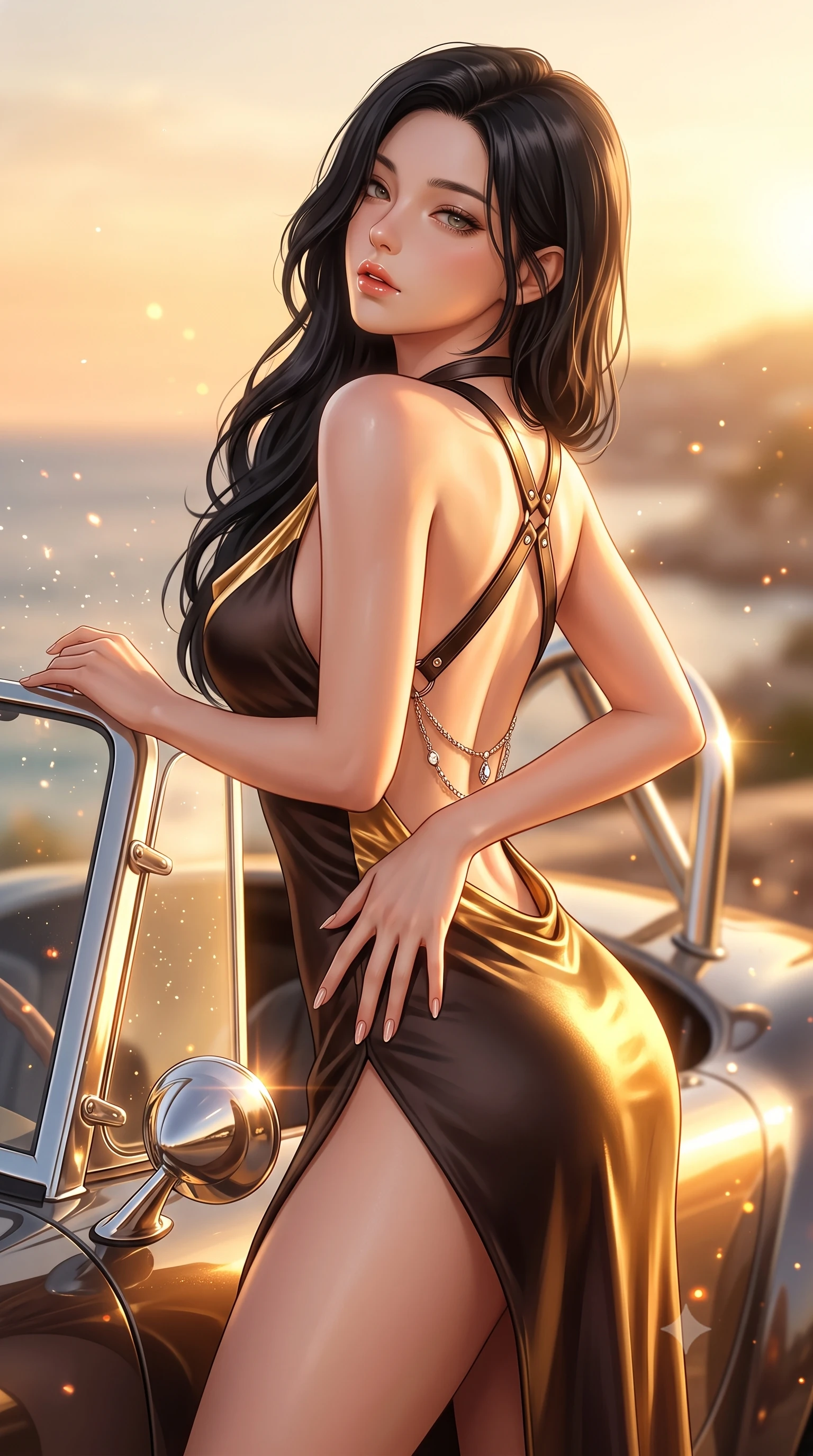 score_9, masterpiece, best quality, ultra-detailed, high-budget anime keyframe, semi-realistic 3D game render, editorial fashion photography, tasteful artistic composition, Korean woman. close-up cowboy shot from the waist and thighs up, the character dominates the composition, filling the frame with her large presence. resting one manicured hand delicately on her hip bone, her upper body turning in a fluid, seductive S-curve while parted lips glisten in the light while leaning against the chrome windshield frame of the sports car with hips cocked back, looking back over her bare shoulder with sun-dazed bedroom-eyes. The composition keeps background elements in soft focus with creamy bokeh. sun glints off chrome car mirrors and sea spray scattering radiant warm light motes. She has an exceptionally elegant, slender, and willowy female figure with an ultra-slim waist, flat toned midriff, narrow ribcage, and sculpted feminine hips creating an alluring, slim hourglass silhouette without bulk. sharp v-shaped jawline, high-bridge nose, intricate jewel-like eyes with depth, thick eyelashes, glossy parted lips with a natural sheen, intensely captivating and seductive bedroom-eyes expression, flawlessly proportioned anatomical accuracy, strict slender model proportions, natural body alignment, perfectly sculpted long slender limbs, ultra-slim waistline, clean dynamic posture without body distortion. wearing a backless cowl-neck satin slip dress featuring high-cut side hip slits and delicate criss-cross back straps in dark espresso brown and molten gold foil, tailored from liquid silk jersey adhering flawlessly to her slender build, featuring an open-back criss-cross harness strap in dark leather, the liquid-tight tailored fabric clinging flawlessly to her narrow waist and rounded feminine hips, emphasizing every millimeter of her sculpted slim hourglass curves without any bulky heaviness. bathed in glorious golden hour Mediterranean sunset backlighting and warm amber road fill. highly saturated vibrant anime colors, detailed shading with soft gradients, rich glossy textures, high-contrast stereoscopic depth, volumetric dynamic lighting, master piece, 9:16 ratio