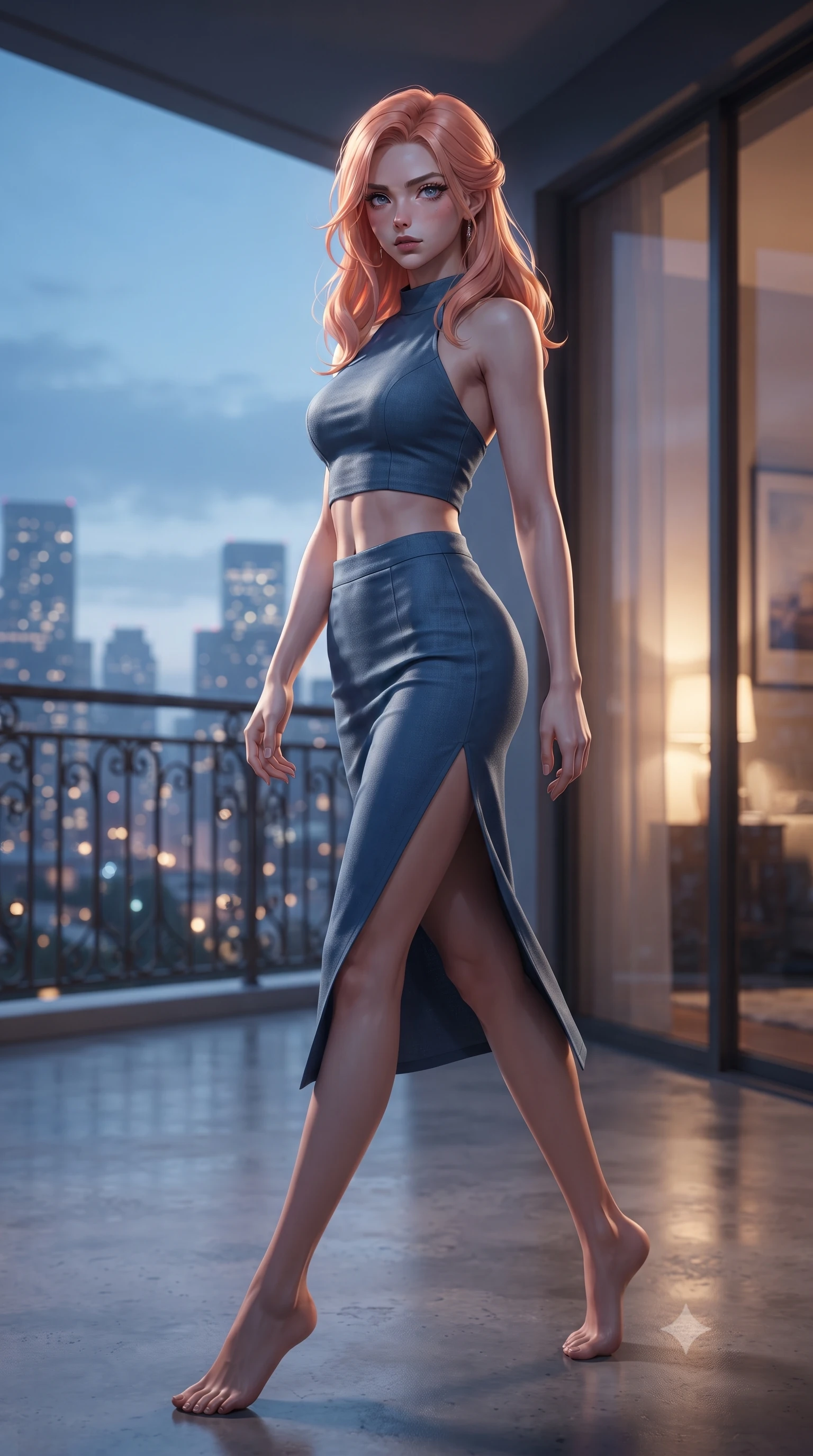score_9, masterpiece, best quality, ultra-detailed, high-budget anime keyframe, editorial fashion photography, tasteful artistic composition, Japanese woman woman. low angle full-body shot from head to toe showing her feet, filling the entire 9:16 vertical frame with her statuesque presence, stretching her vertical silhouette. stepping gracefully while looking back over her shoulder, her dress draped tightly to reveal her silhouette the background shows a soft-focus a modern apartment balcony overlooking a distant glittering city skyline at dusk. She has an absolutely perfect, statuesque 8.5-heads proportion, an exceptionally tall and slender model-like female figure with impossibly long slender legs and an ultra-slim waist. sharp v-shaped jawline, high-bridge nose, intricate jewel-like eyes with depth, thick eyelashes, glossy lips with a natural sheen. wearing a body-hugging linen halter-neck crop top paired with a matching high-slit midi skirt, revealing a sculpted midriff. the cool blue twilight sky contrasting with the warm golden lights of the room inside. ultra-reflective glossy finish, specular highlights, metallic sheen, high-contrast stereoscopic depth, volumetric dynamic lighting, 2k, ultra detail, master piece, 9:16 ratio