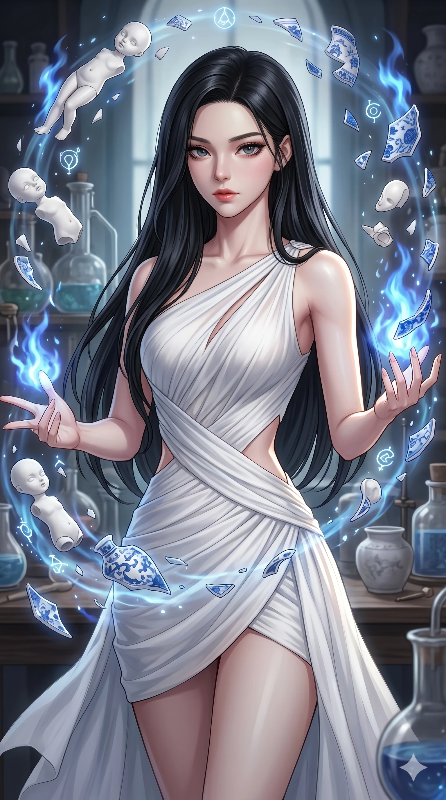 score_9, masterpiece, best quality, ultra-detailed, high-budget anime keyframe, Korean woman. upper body close-up from the thighs up, character filling the screen for maximum presence. assisting in an alchemical porcelain workshop where floating white bisque doll parts and blue porcelain shards swirl amidst blue alchemical flames. She has an absolutely perfect 8-heads proportion, an exceptionally tall and slender female figure with impossibly long slender legs and an ultra-slim waist. V-shaped jawline, high-bridge nose, intricate jewel-like eyes with depth, thick eyelashes, glossy lips with a natural sheen.. wearing an asymmetric chiffon draped couture mini dress, featuring draped white chiffon fabric twisting around her body with elegant diamond cutouts on the waist. lit by a soft glowing ambient light and a sharp side key light that traces the sleek contours of her athletic build. 2k, ultra detail, master piece, 9:16 ratio