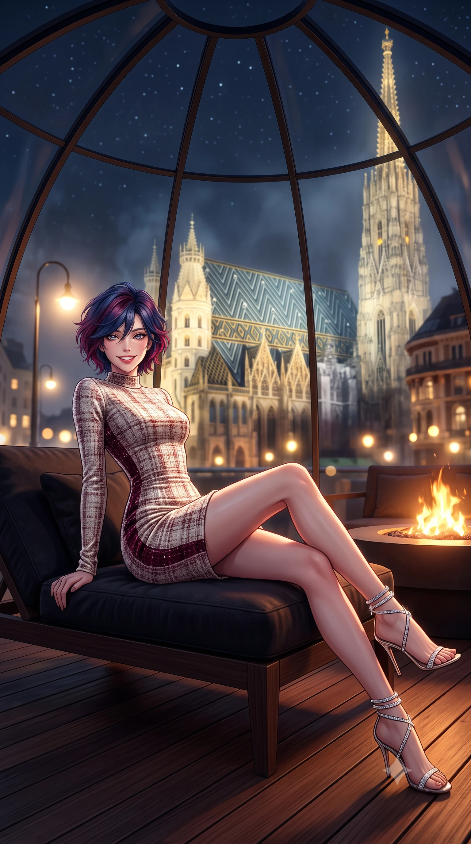 score_9, masterpiece, best quality, ultra-detailed, high-budget anime keyframe, semi-realistic 3D game render, editorial fashion photography, tasteful artistic composition, Korean woman. low angle full-body shot from head to toe showing her feet, filling the entire 9:16 vertical frame with her statuesque presence, stretching her vertical silhouette. reclining gracefully across the plush chaise lounge with one leg extended, her sculpted silhouette and flat midriff radiating magnetic nocturnal glamour while standing poised on the heated teak terrace beneath the panoramic glass dome, arching her lower back as the illuminated gothic spire of Stephansdom glows in midnight mist. The background shows a soft-focus diamond-patterned glazed tile roof and illuminated spire of St. Stephen's Cathedral, historic boulevard streetlights, and starry sky blurred into topaz, sapphire, and obsidian bokeh. She has an exceptionally tall and slender model-like 8.5-heads proportion, an ultra-slim waist, a flat toned midriff, narrow delicate ribcage, and beautifully sculpted feminine hips creating a graceful, slim hourglass silhouette without any bulky heaviness, with impossibly long slender legs. sharp v-shaped jawline, high-bridge nose, intricate jewel-like sparkling eyes with depth, thick eyelashes, glossy parted lips with a natural peach sheen, bright cheerful beaming smile with an enchanting and coquettish sensual glint, exuding both youthful cute charm and seductive allure, flawlessly proportioned anatomical accuracy, strict slender model proportions, natural body alignment, perfectly sculpted long slender limbs, ultra-slim waistline, clean dynamic posture without body distortion. wearing a tailored velvet bodycon cocktail dress with long fitted sleeves and mock neck in Belvedere ivory pearl and Habsburg bordeaux wine, woven from structured British tweed with subtle metallic flecks, complemented by strappy stiletto sandals with crystal ankle wraps accentuating her slender calves, the liquid-tight tailored fabric clinging flawlessly to her narrow waist and rounded feminine hips, emphasizing every millimeter of her sculpted slim hourglass curves without any bulky heaviness. bathed in the contrast of warm 2200K fire table hearth glow and cool midnight sky fill with golden cathedral floodlights. highly saturated vibrant anime colors, detailed shading with soft gradients, rich glossy textures, high-contrast stereoscopic depth, volumetric dynamic lighting, master piece, 9:16 ratio