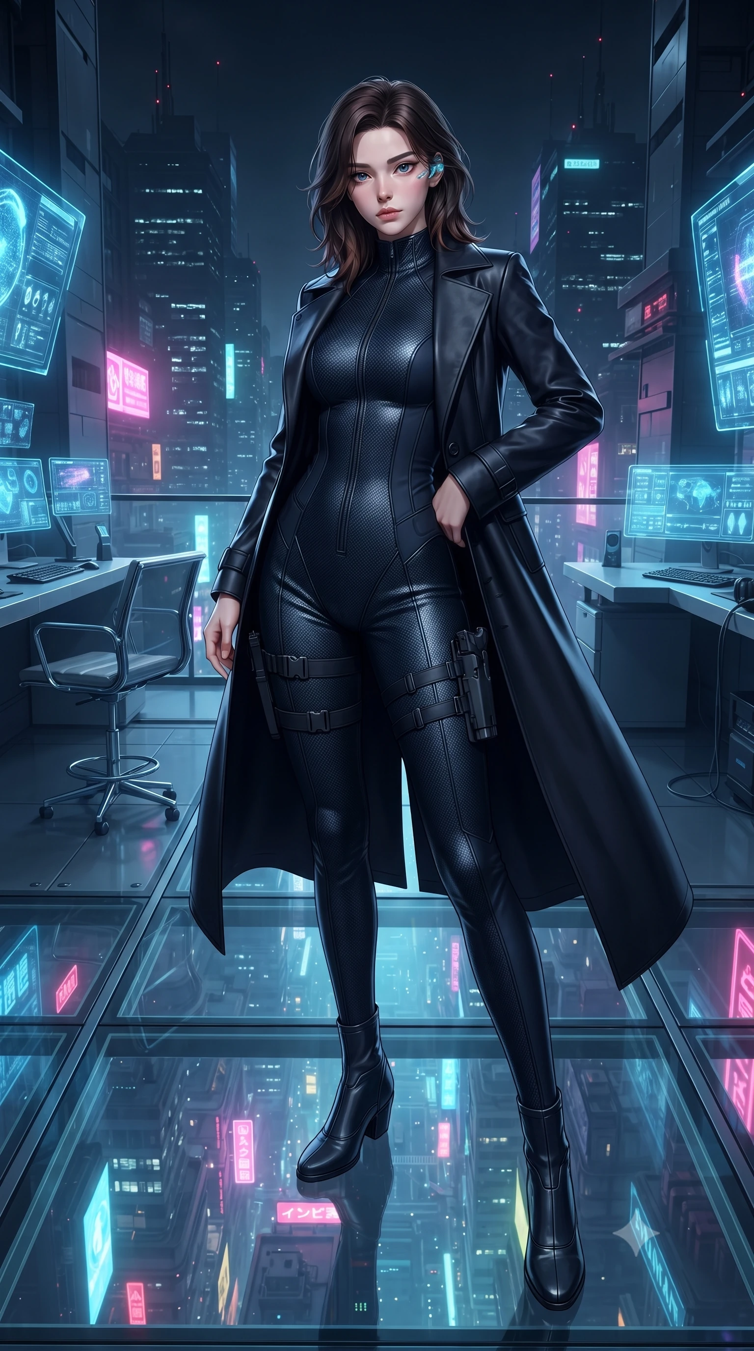 score_9, masterpiece, best quality, ultra-detailed, high-budget anime keyframe, editorial fashion photography, tasteful artistic composition, Korean woman. low angle full-body shot from head to toe showing her feet, filling the entire 9:16 vertical frame with her statuesque presence, stretching her vertical silhouette. standing poised with one hip cocked in an alluring high-fashion pose, her tall 8.5-heads proportions dominating the scene while standing poised on a transparent structural glass floor overlooking the dizzying vertical abyss of a neon metropolis at 3 AM. The surrounding environment is rendered in vivid detail and crisp panoramic clarity. crystal-clear transparent glass floor panels, glowing holographic typography, and chrome furniture joints in deep focus. She has an absolutely perfect, statuesque 8.5-heads proportion, an exceptionally tall and slender model-like female figure with impossibly long slender legs, a toned flat midriff, and an ultra-slim waist. sharp v-shaped jawline, high-bridge nose, intricate jewel-like eyes with depth, thick eyelashes, glossy lips with a natural sheen, captivating and magnetic expression, flawlessly proportioned anatomical accuracy, strict slender model proportions, natural body alignment, perfectly sculpted long slender limbs, ultra-slim waistline, clean dynamic posture without body distortion. wearing a sleek second-skin dark carbon-weave infiltration catsuit paired with a tailored long leather trench coat in stealth obsidian black and midnight navy, crafted from flexible ballistic matte leather and ultra-sleek stretch neoprene, equipped with a minimalist titanium leg holster and smart holographic earpiece edition #26, the breezy yet form-flattering drape swaying gracefully with her steps, accentuating her long willowy limbs and slim waistline. illuminated by crisp directional key light defining her razor-sharp jawline, eyes, and slender curves. ultra-reflective glossy finish, specular highlights, rich textural contrasts, high-contrast stereoscopic depth, volumetric dynamic lighting, 2k, ultra detail, master piece, 9:16 ratio