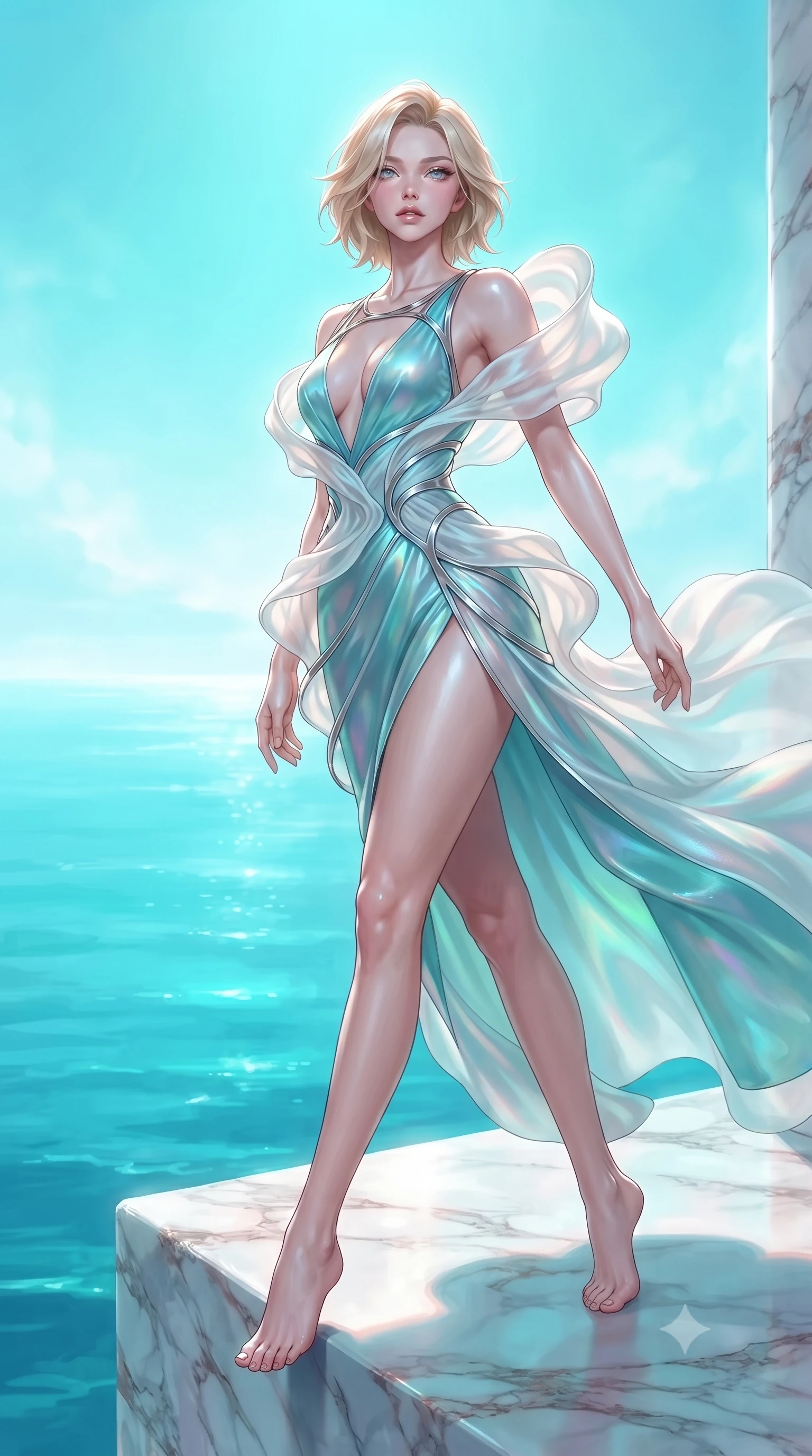 score_9, masterpiece, best quality, ultra-detailed, high-budget anime keyframe, editorial fashion photography, tasteful artistic composition, Caucasian woman. low angle full-body shot from head to toe showing her feet, filling the entire 9:16 vertical frame with her statuesque presence, stretching her vertical silhouette. leaping dynamically through the luminous sky, her posture full of power and elegance, standing on a high marble cliff terrace wrapped in billowing layers of opal chiffon, sculptural fit of fabric emphasizing her ultra-slim waist and long legs. She has an absolutely perfect, statuesque 8.5-heads proportion, an exceptionally tall and slender model-like female figure with impossibly long slender legs and an ultra-slim waist. sharp v-shaped jawline, high-bridge nose, intricate jewel-like eyes with depth, thick eyelashes, glossy lips with a natural sheen. wearing deep plunging V-neckline champagne silk gown with daring high thigh slit in pearl white, made of iridescent turquoise taffeta, highlighted by a platinum metallic harness structure, contouring every curve with an exceptionally elegant silhouette. bathed in bright turquoise ocean skyglow with soft white rim lights. ultra-reflective glossy finish, specular highlights, metallic sheen, high-contrast stereoscopic depth, volumetric dynamic lighting, 2k, ultra detail, master piece, 9:16 ratio