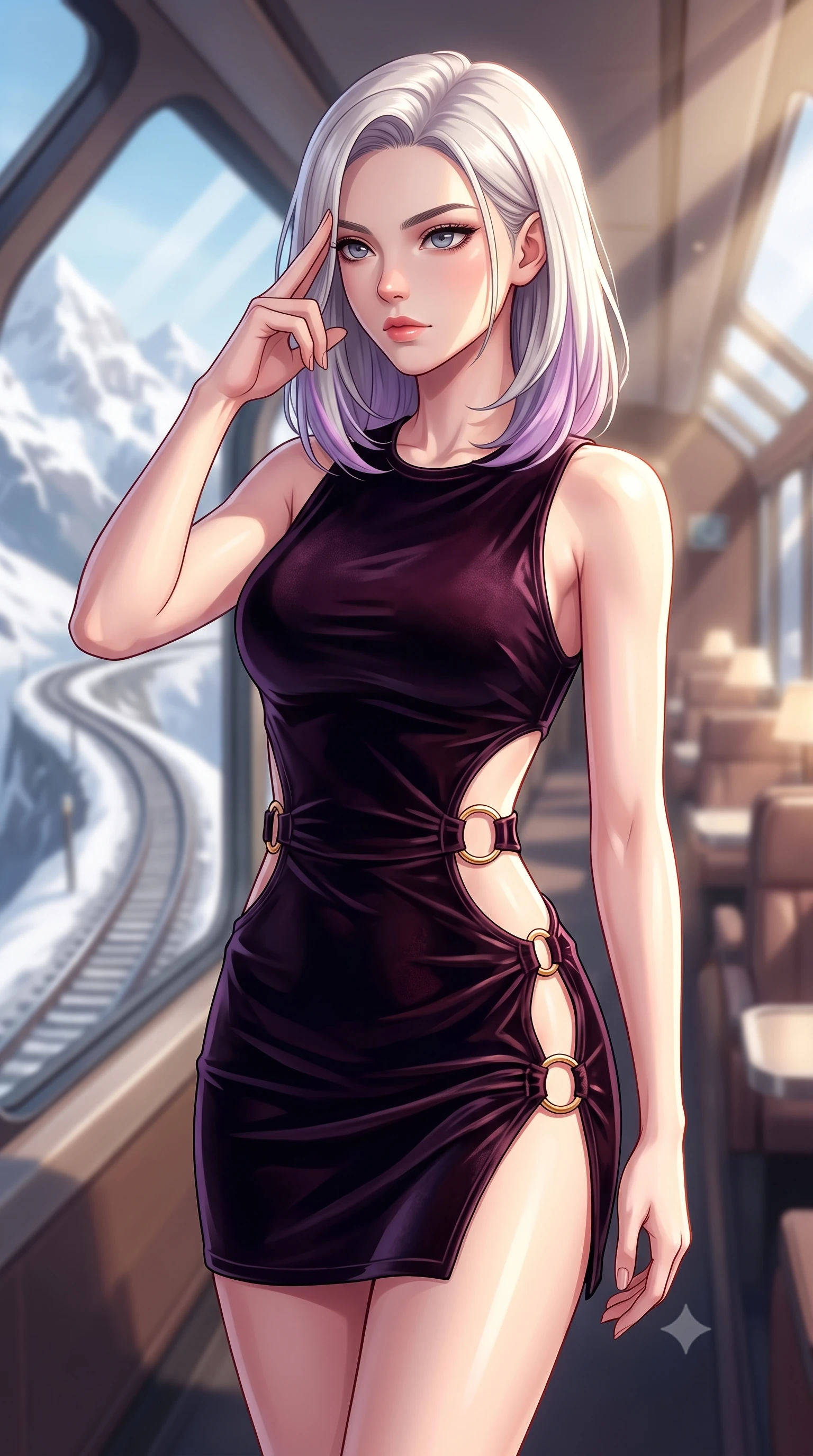 score_9, masterpiece, best quality, ultra-detailed, high-budget anime keyframe, editorial fashion photography, tasteful artistic composition, Caucasian woman woman. close-up cowboy shot from the waist and thighs up, the character dominates the composition, filling the frame with her large presence, background elements kept in soft focus. She has an exceptionally elegant, slender, and willowy female figure with an ultra-slim waist, a gracefully sculpted slender torso, and a refined silhouette. pressing two fingers to her temple in a composed gesture, gazing past the camera with sharp focus, flawlessly proportioned anatomical accuracy, natural body alignment, perfectly sculpted elegant limbs, clean dynamic posture without body distortion. set against a soft-focus background of a winding luxury train lounge car showing snowy alpine peaks. wearing a slitted cutout bodycon mini dress in dark velvet with gold ring hardware framing her waist. bathed in crisp alpine morning sunbeams slicing through panoramic window glass. highly saturated vibrant anime colors, detailed shading with soft gradients, rich glossy textures, high-contrast stereoscopic depth, volumetric dynamic lighting, master piece, 9:16 ratio
