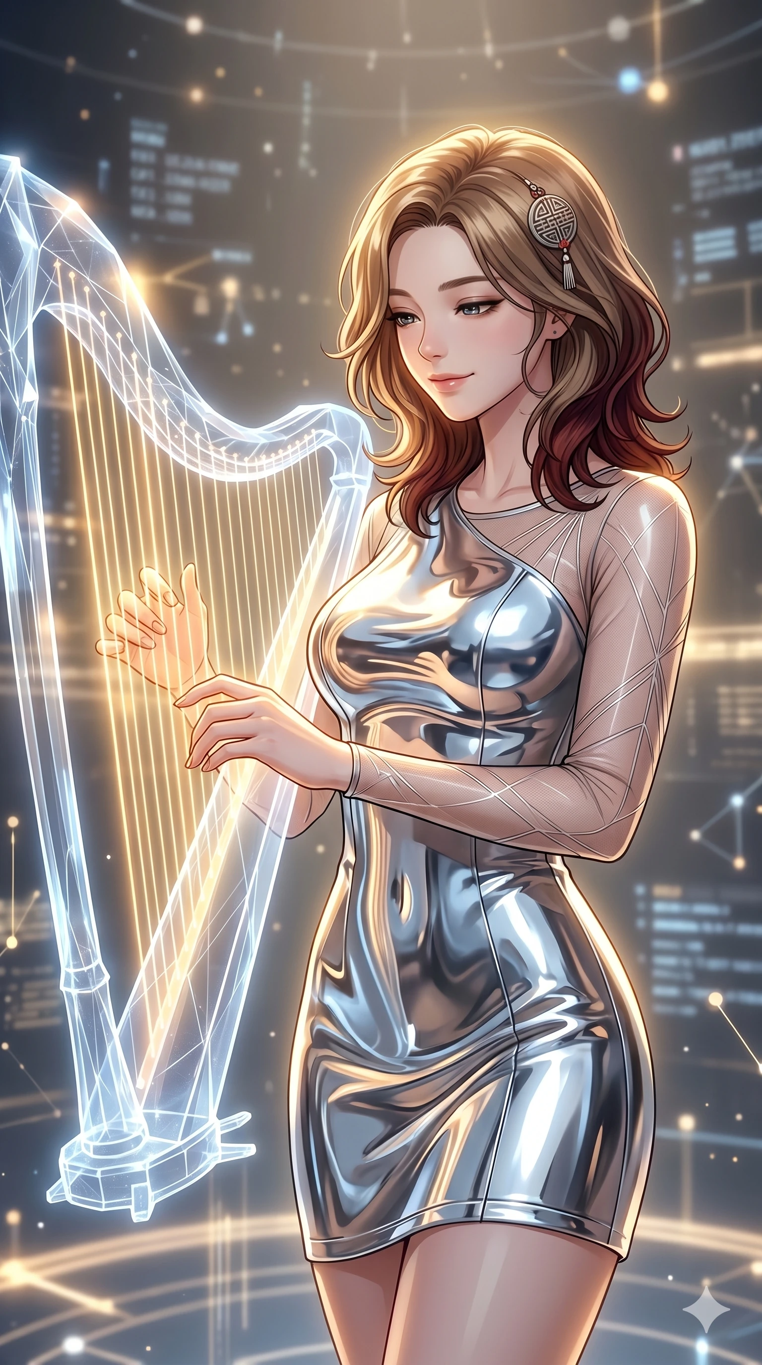 score_9, masterpiece, best quality, ultra-detailed, high-budget anime keyframe, Korean woman. Upper body close-up from the thighs up, character filling the screen for maximum presence. Inside a digital void, next to a floating holographic harp, playing a chord on the harp with a peaceful, happy expression. She is wearing an asymmetrical dress in liquid-chrome finish and sheer mesh sleeves. The scene is bathed in the soft golden glow of the harp strings. 2k, ultra detail, master piece, 9:16 ratio