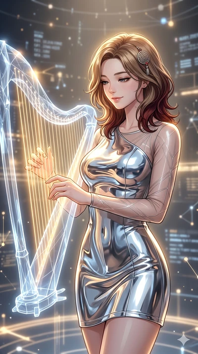 score_9, masterpiece, best quality, ultra-detailed, high-budget anime keyframe, Korean woman. Upper body close-up from the thighs up, character filling the screen for maximum presence. Inside a digital void, next to a floating holographic harp, playi