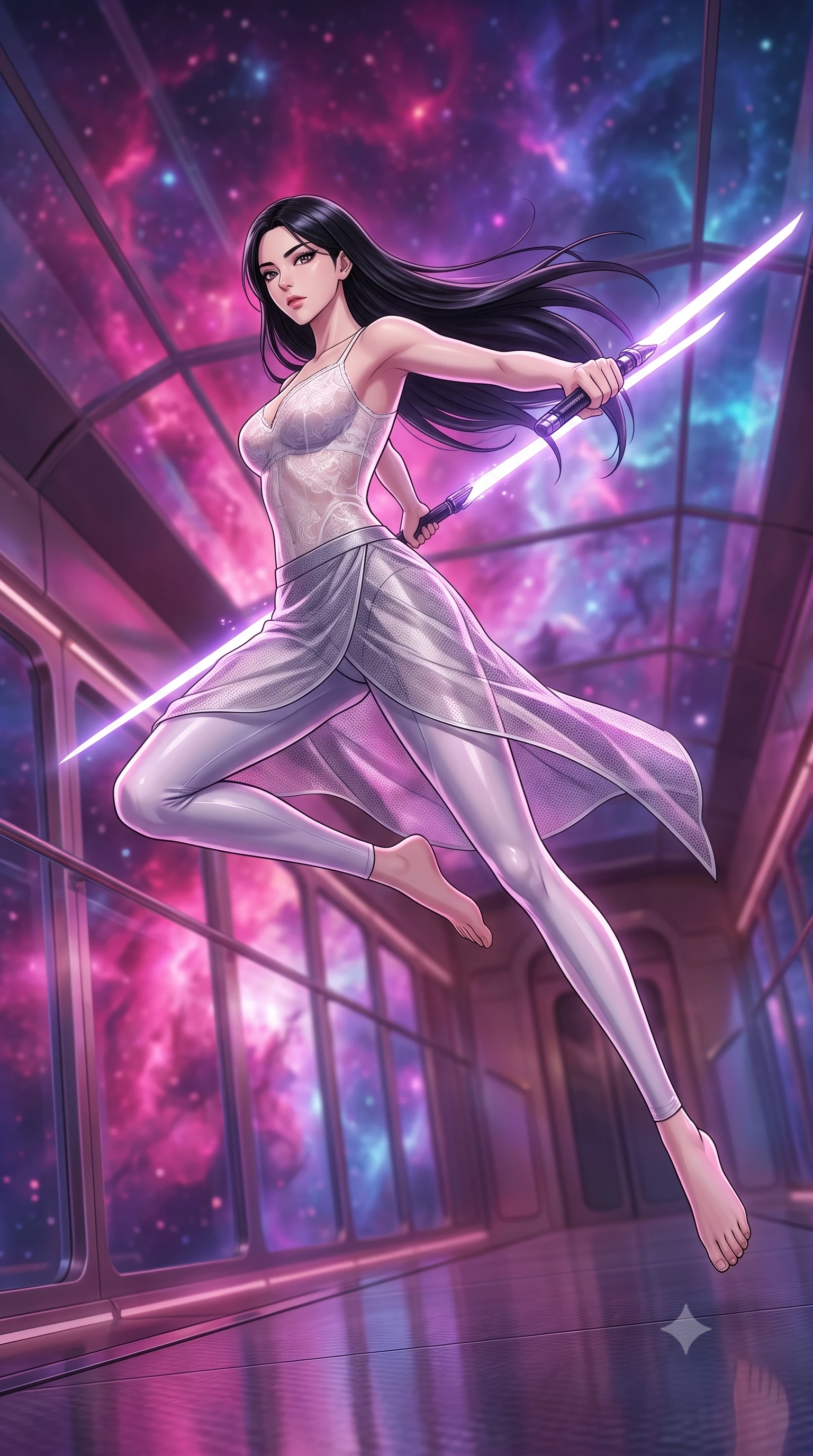 score_9, masterpiece, best quality, ultra-detailed, high-budget anime keyframe, editorial fashion photography, tasteful artistic composition, Korean woman. low angle full-body shot from head to toe showing her feet, filling the entire 9:16 vertical frame with her statuesque presence, stretching her vertical silhouette. leaping forward while slashing with a twin-bladed plasma sword in mid-air, her body-contouring suit showing her athletic silhouette, the background shows a soft-focus a rail observation deck train lounge winding through a cosmic nebula in space. She has an absolutely perfect, statuesque 8.5-heads proportion, an exceptionally tall and slender model-like female figure with impossibly long slender legs and an ultra-slim waist. sharp v-shaped jawline, high-bridge nose, intricate jewel-like eyes with depth, thick eyelashes, glossy lips with a natural sheen. wearing a slim-fit sheer white lace combat camisole paired with a semi-transparent carbon-mesh wrap skirt. glass train lounges catching the pink and purple hues of nebula light. highly saturated vibrant anime colors, detailed shading with soft gradients, rich glossy textures, high-contrast stereoscopic depth, volumetric dynamic lighting, master piece, 9:16 ratio
