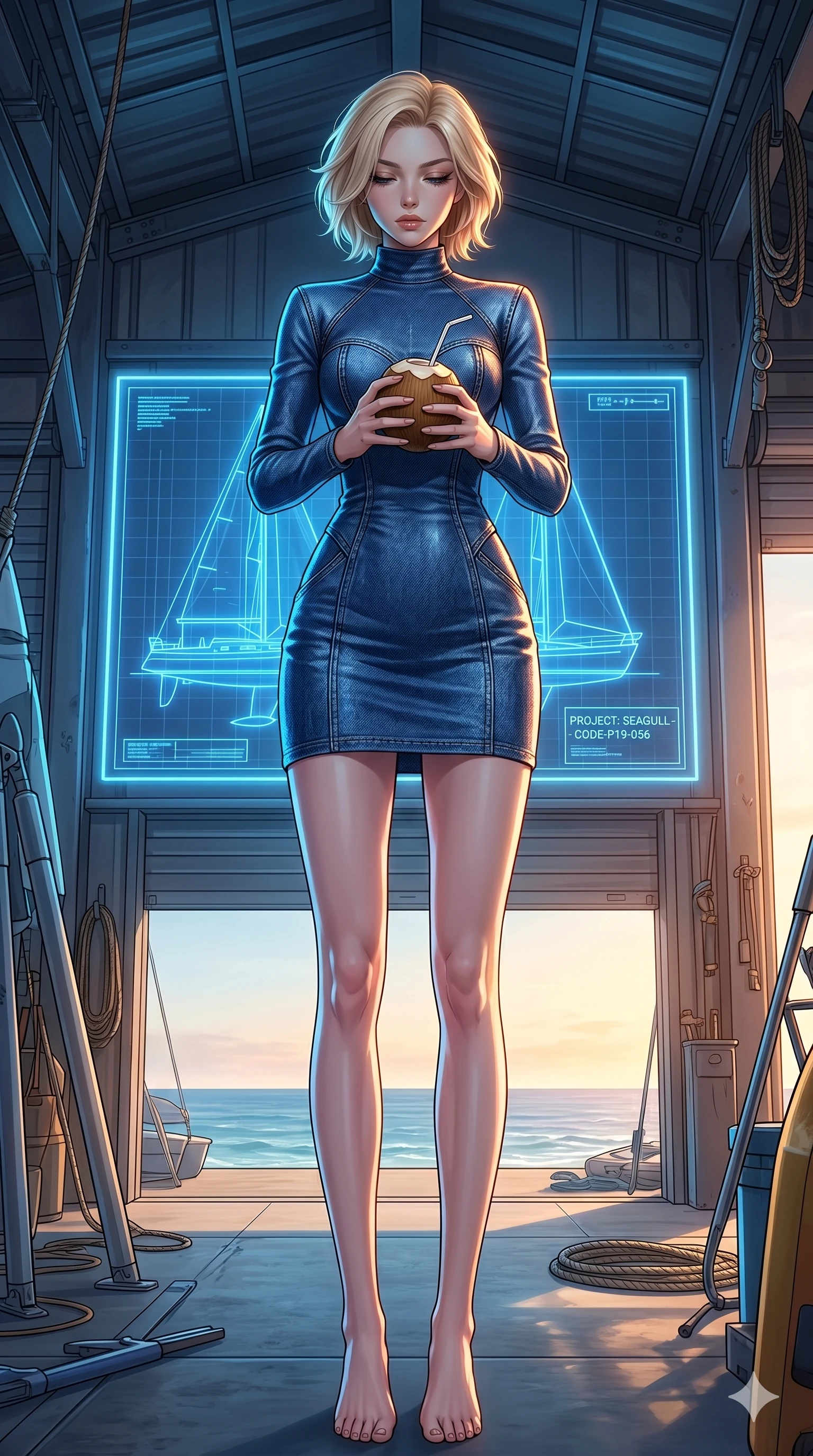 score_9, masterpiece, best quality, ultra-detailed, high-budget anime keyframe, editorial fashion photography, tasteful artistic composition, Caucasian woman, strictly human ears. low angle full-body shot from head to toe showing her feet, filling the entire 9:16 vertical frame with her statuesque presence, stretching her vertical silhouette. holding a coconut drink, looking down with lowered lashes in a composed, powerful gesture inside a beachside hangar bay with a glowing blueprint of a sailboat (Code-P19-056). She has an absolutely perfect 8-heads proportion, an exceptionally tall and slender female figure with impossibly long slender legs and an ultra-slim waist. V-shaped jawline, high-bridge nose, intricate jewel-like eyes with depth, thick eyelashes, glossy lips with a natural sheen. wearing a structured high-neck denim dress with long sleeves in dark indigo wash. neon blue and warm sunset light casting sharp specular highlights on her outfit. 2k, ultra detail, master piece, 9:16 ratio