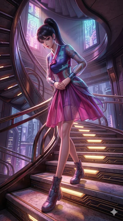 score_9, masterpiece, best quality, ultra-detailed, semi-realistic 3D game render, high-fidelity textures, Unreal Engine 5 style, Caucasian (strictly human ears) woman. Dynamic full-body shot stretching the vertical silhouette with extreme perspectiv