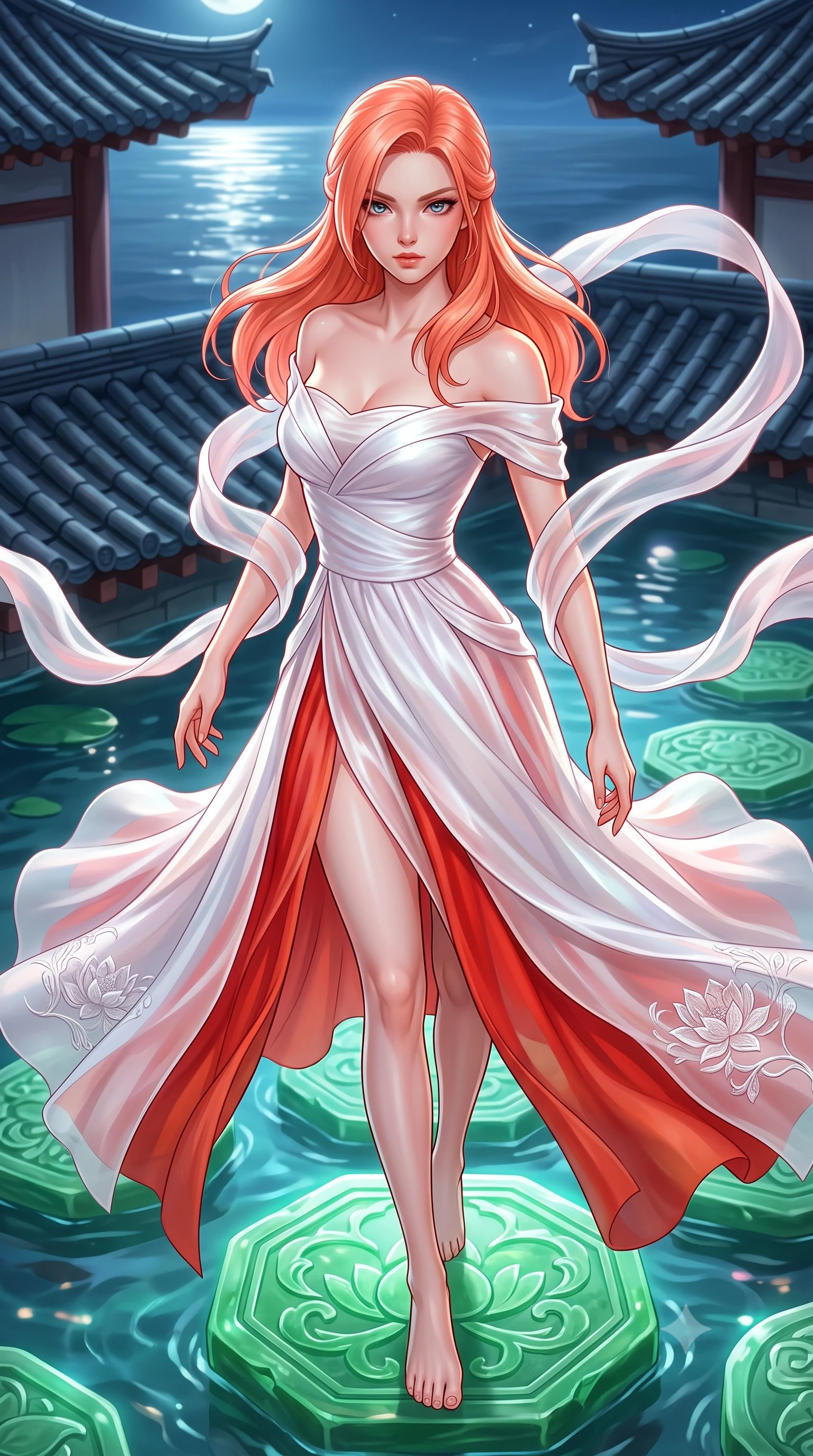 score_9, masterpiece, best quality, ultra-detailed, high-budget anime keyframe, semi-realistic 3D game render, editorial fashion photography, tasteful artistic composition, Japanese woman. close-up cowboy shot from the waist and thighs up, the character dominates the composition, filling the frame with her large presence. radiating intense magnetic charisma with jewel-like eyes locked onto the viewer, her upper body turning in a dynamic, fluid S-curve while striding across floating jade stepping stones with ethereal, weightless grace and divine celestial poise. The surrounding environment is rendered in vivid detail and crisp panoramic clarity. detailed pagoda tile ridges, moonlight reflection paths on water, and silk fabric embroidery in high resolution. She has an exceptionally elegant, slender, and willowy female figure with an ultra-slim waist, a gracefully sculpted slender torso, toned flat midriff, and a refined slim silhouette. sharp v-shaped jawline, high-bridge nose, intricate jewel-like eyes with depth, thick eyelashes, glossy lips with a natural sheen, captivating and magnetic expression, flawlessly proportioned anatomical accuracy, strict slender model proportions, natural body alignment, perfectly sculpted long slender limbs, ultra-slim waistline, clean dynamic posture without body distortion. wearing a celestial lotus-inspired layered chiffon gown with an exposed clavicle bodice in pure snow white and vermilion red, crafted from traditional Korean gossamer silk organza with pearlescent luster, complemented by long flowing silk arm ribbons that float weightlessly in the air, the glove-like aerodynamic second-skin fit tightly clinging to her ultra-slender waist and athletic curves without adding bulk, accentuating her razor-sharp statuesque lines and slim hourglass silhouette. illuminated by gentle ambient water bounce light defining her flawless features and slender waist. highly saturated vibrant anime colors, detailed shading with soft gradients, rich glossy textures, high-contrast stereoscopic depth, volumetric dynamic lighting, master piece, 9:16 ratio
