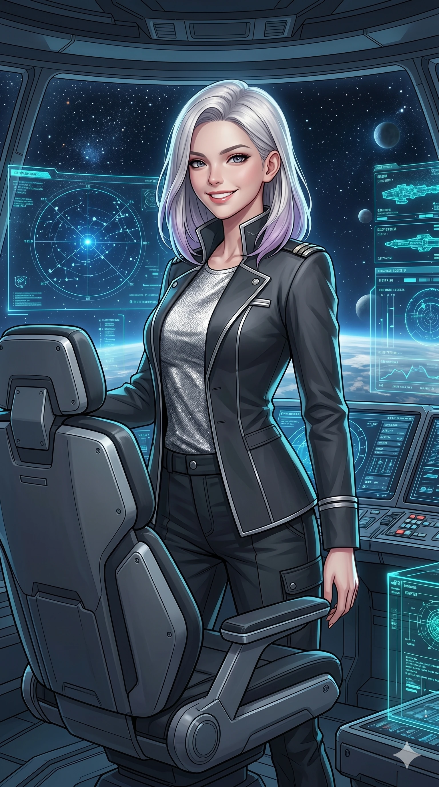 score_9, masterpiece, best quality, ultra-detailed, high-budget anime keyframe, editorial fashion photography, tasteful artistic composition, Caucasian woman, strictly human ears. Upper body close-up from the thighs up, character filling the screen for maximum presence. On the command bridge of a space cruiser, standing next to the commander's chair, looking out with a confident, proud smile. She is wearing a sharp tailored space uniform jacket over a silver top and dark pants. The scene is bathed in the cool blue light of tactical holographic maps. 2k, ultra detail, master piece, 9:16 ratio