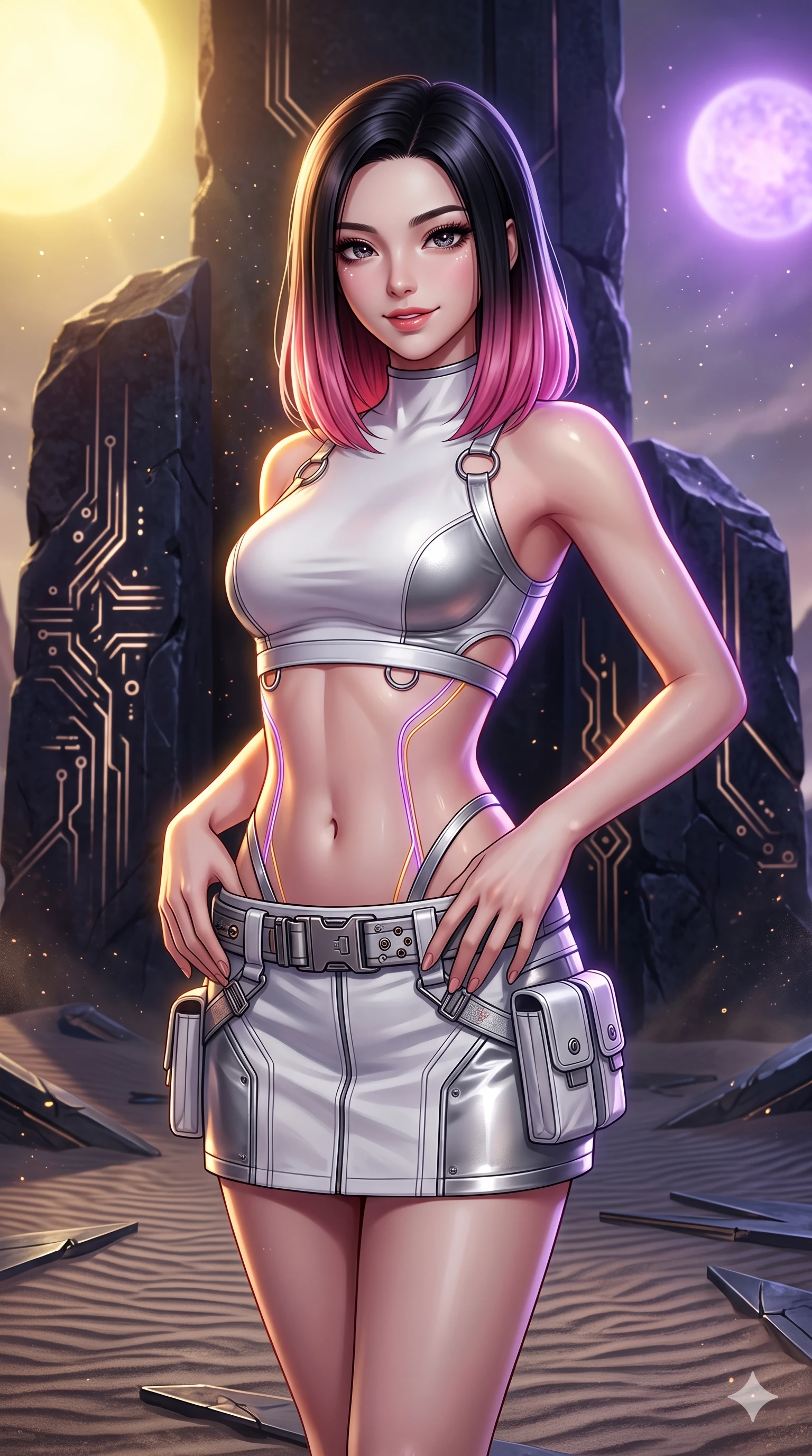 score_9, masterpiece, best quality, ultra-detailed, high-budget anime keyframe, semi-realistic 3D game render, editorial fashion photography, tasteful artistic composition, Korean woman. close-up cowboy shot from the waist and thighs up, the character dominates the composition, filling the frame with her large presence. resting both hands lightly on her tactical utility belt, arching her spine to highlight her narrow waist, flat midriff, and breathtaking collarbones while twisting her slender torso in an alluring contrapposto, dual amber-violet solar rays tracing her narrow waist and curvy hips in sharp contrast. The surrounding environment is rendered in vivid detail and crisp panoramic clarity: sharp alien circuit engravings on polished obsidian stone, sand ripple textures, and metal shard bevels in deep focus. She has an exceptionally elegant, slender, and willowy female figure with an ultra-slim waist, flat toned midriff, narrow ribcage, and sculpted feminine hips creating an alluring, slim hourglass silhouette without bulk. sharp v-shaped jawline, high-bridge nose, intricate jewel-like sparkling eyes with depth, thick eyelashes, glossy parted lips with a natural sheen, bright confident smile with an enchanting and coquettish sensual glint, exuding both youthful magnetic charm and sovereign high-tech allure, flawlessly proportioned anatomical accuracy, strict slender model proportions, natural body alignment, perfectly sculpted long slender limbs, ultra-slim waistline, clean dynamic posture without body distortion. wearing a body-hugging modern carbon-alloy crop top paired with a low-rise tactical skirt and a subtle waist cut-out in pure alabaster white and brushed silver accents, adorned with delicate chrome ring hardware and cutouts along her slender waist, accented with illuminated micro-fiber optic circuit threads tracing along her ribs and spine, the impeccably tailored cut draping gracefully along her slender figure with aristocratic poise. bathed in the dramatic dual illumination of a golden-yellow sun and a violet-dwarf companion star creating double rim lights. highly saturated vibrant anime colors, detailed shading with soft gradients, rich glossy textures, high-contrast stereoscopic depth, volumetric dynamic lighting, master piece, 9:16 ratio
