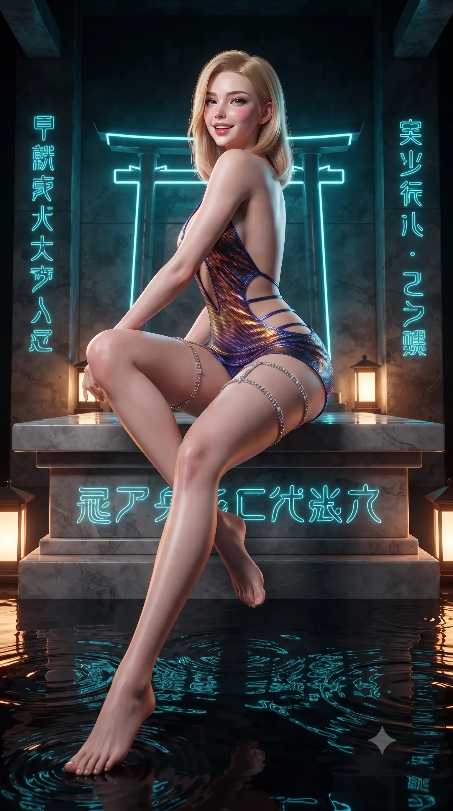 score_9, masterpiece, best quality, ultra-detailed, high-budget anime keyframe, editorial fashion photography, tasteful artistic composition, Korean woman. low angle full-body shot from head to toe showing her feet, filling the entire 9:16 vertical frame with her statuesque presence, stretching her vertical silhouette. posing in a classic haute-couture S-curve stance beside the floor-to-ceiling window, looking over a bare shoulder with magnetic presence while sitting gracefully on the elevated stone shrine dais with legs crossed, flashing a radiant, playful smile with parted glossy lips. The surrounding environment is rendered in vivid detail and crisp panoramic clarity: sharp wet obsidian stone reflections, etched cybernetic circuit calligraphy, and rippling water ring caustics in deep focus. She has an exceptionally tall and slender model-like 8.5-heads proportion, an ultra-slim waist, a flat toned midriff, narrow delicate ribcage, and beautifully sculpted feminine hips creating a graceful, slim hourglass silhouette without any bulky heaviness, with impossibly long slender legs. sharp v-shaped jawline, high-bridge nose, intricate jewel-like sparkling eyes with depth, thick eyelashes, glossy parted lips with a natural peach sheen, bright cheerful beaming smile with an enchanting and coquettish sensual glint, exuding both youthful cute charm and seductive allure, flawlessly proportioned anatomical accuracy, strict slender model proportions, natural body alignment, perfectly sculpted long slender limbs, ultra-slim waistline, clean dynamic posture without body distortion. wearing a daring low-cut halterneck romper with exposed midriff and strappy hip cutouts in Jovian amber and electric storm cobalt, crafted from stretch micro-mesh with liquid foil coating that shimmers with every movement, finished with delicate crystal-encrusted thigh garter straps glinting in the dim light, the second-skin tailored fabric adhering flawlessly to her sculpted flat midriff and slender torso, emphasizing her long leg lines and perfectly proportioned willowy build. bathed in pulsing electric-cyan Torii neon combined with warm 2400K sacred oil lantern flames. ultra-reflective glossy finish, specular highlights, rich textural contrasts, high-contrast stereoscopic depth, volumetric dynamic lighting, 2k, ultra detail, master piece, 9:16 ratio
