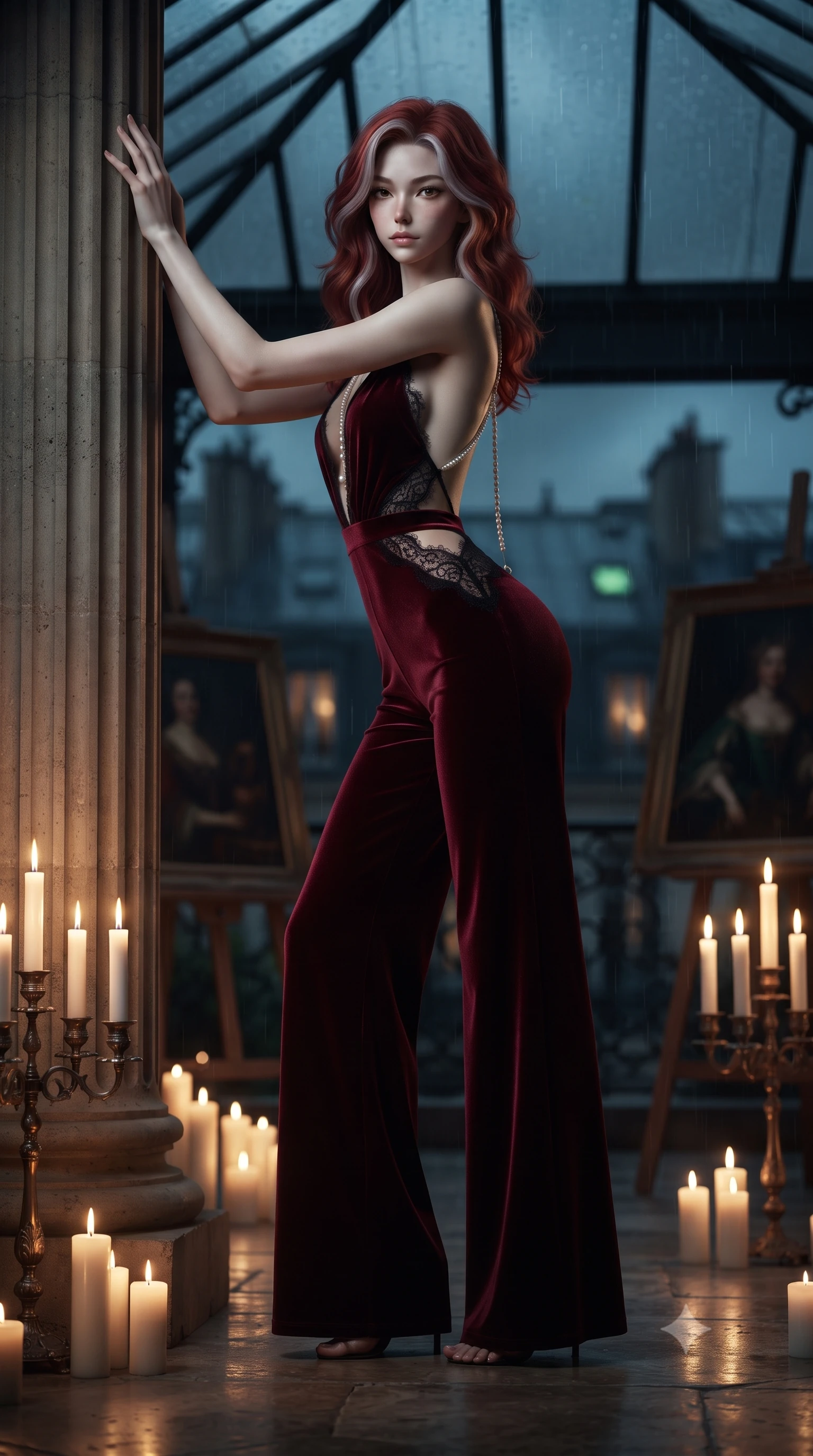 score_9, masterpiece, best quality, ultra-detailed, high-budget anime keyframe, editorial fashion photography, tasteful artistic composition, Caucasian woman. low angle full-body shot from head to toe showing her feet, filling the entire 9:16 vertical frame with her statuesque presence, stretching her vertical silhouette. standing tall beside the architectural column, one hand resting high while arching her lower back to emphasize her sculpted feminine hips and slender waist while twisting her slender torso in an alluring contrapposto stance, midnight rain tapping on glass above as candlelight plays across her curves. The background shows a soft-focus cast-iron pitched greenhouse skylights with rain streaks, antique oil paintings on easels, and Paris zinc roofs blurred into slate, emerald, and amber bokeh. She has an absolutely perfect, statuesque 8.5-heads proportion, an exceptionally tall and slender model-like female figure with impossibly long slender legs, an ultra-slim waist, a flat toned midriff, narrow delicate ribcage, and beautifully sculpted feminine hips creating a graceful, slim hourglass silhouette without any bulky heaviness. sharp v-shaped jawline, high-bridge nose, sparkling eyes with hypnotic seductive depth, thick curled eyelashes, glossy parted lips with a natural dewy peach sheen, alluring bedroom-eyes with an enchanting coquettish smile, exuding magnetic siren charisma and sophisticated glamour, flawlessly proportioned anatomical accuracy, strict slender model proportions, natural body alignment, perfectly sculpted long slender limbs, ultra-slim waistline, clean dynamic posture without body distortion. wearing a backless plunge-front silk satin jumpsuit with fluid wide-leg silhouette and side hip cutouts in deep bordeaux velvet and delicate black chantilly, tailored from ultra-plush velvet with rich tactile depth and deep shadow gradients, accented with a pearl-drop body harness subtly framing her dewy collarbones and spine, the second-skin tailored fabric adhering flawlessly to her sculpted flat midriff and slender torso, emphasizing her long leg lines and perfectly proportioned willowy build. bathed in the flickering warmth of clusters of tall church candles mixed with cool midnight rain ambient light. ultra-reflective glossy finish, specular highlights, rich textural contrasts, high-contrast stereoscopic depth, volumetric dynamic lighting, 2k, ultra detail, master piece, 9:16 ratio