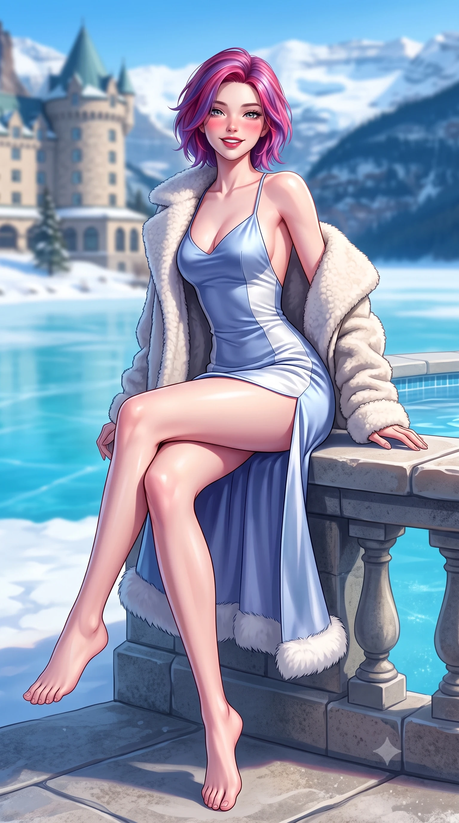 score_9, masterpiece, best quality, ultra-detailed, high-budget anime keyframe, semi-realistic 3D game render, editorial fashion photography, tasteful artistic composition, Caucasian woman. low angle full-body shot from head to toe showing her feet, filling the entire 9:16 vertical frame with her statuesque presence, stretching her vertical silhouette. sitting perched on the elevated stone pool coping with legs crossed and hips angled toward the camera, displaying her toned midriff and long slender limbs with joyful, coquettish charm while standing poised on the ice palace terrace overlooking the vast frozen turquoise sheet of Lake Louise, arching her spine with sovereign majesty. The composition keeps background elements in soft focus with dreamy creamy bokeh. the fairytale stone turrets of Fairmont Chateau Lake Louise softened in Canadian Rockies shallow focus. She has an exceptionally tall and slender model-like 8.5-heads proportion, an ultra-slim waist, a flat toned midriff, narrow delicate ribcage, and beautifully sculpted feminine hips creating a graceful, slim hourglass silhouette without any bulky heaviness, with impossibly long slender legs. sharp v-shaped jawline, high-bridge nose, sparkling ice-crystal eyes with depth, frosty thick lashes, glossy parted lips with a rosy berry sheen, bright playful smile with an intoxicating seductive glint, rosy flushed cheeks radiating cozy warmth and dangerous allure, flawlessly proportioned anatomical accuracy, strict slender model proportions, natural body alignment, perfectly sculpted long slender limbs, ultra-slim waistline, clean dynamic posture without body distortion. wearing a backless ice-blue silk satin slip dress with a faux-fur trimmed hem and thigh-high side slit in dusty periwinkle blue and cloud white, tailored from crisp technical ski fabric with clean aerodynamic lines, complemented by an oversized plush shearling coat draped casually over one shoulder, the high-waisted tailoring accentuating her ultra-slim waistline and the enchanting curve of her feminine hips with alluring winter charm. bathed in brilliant Canadian mountain sunlight reflecting off the vast frozen glacier basin. highly saturated vibrant anime colors, detailed shading with soft gradients, rich glossy textures, high-contrast stereoscopic depth, volumetric dynamic lighting, master piece, 9:16 ratio