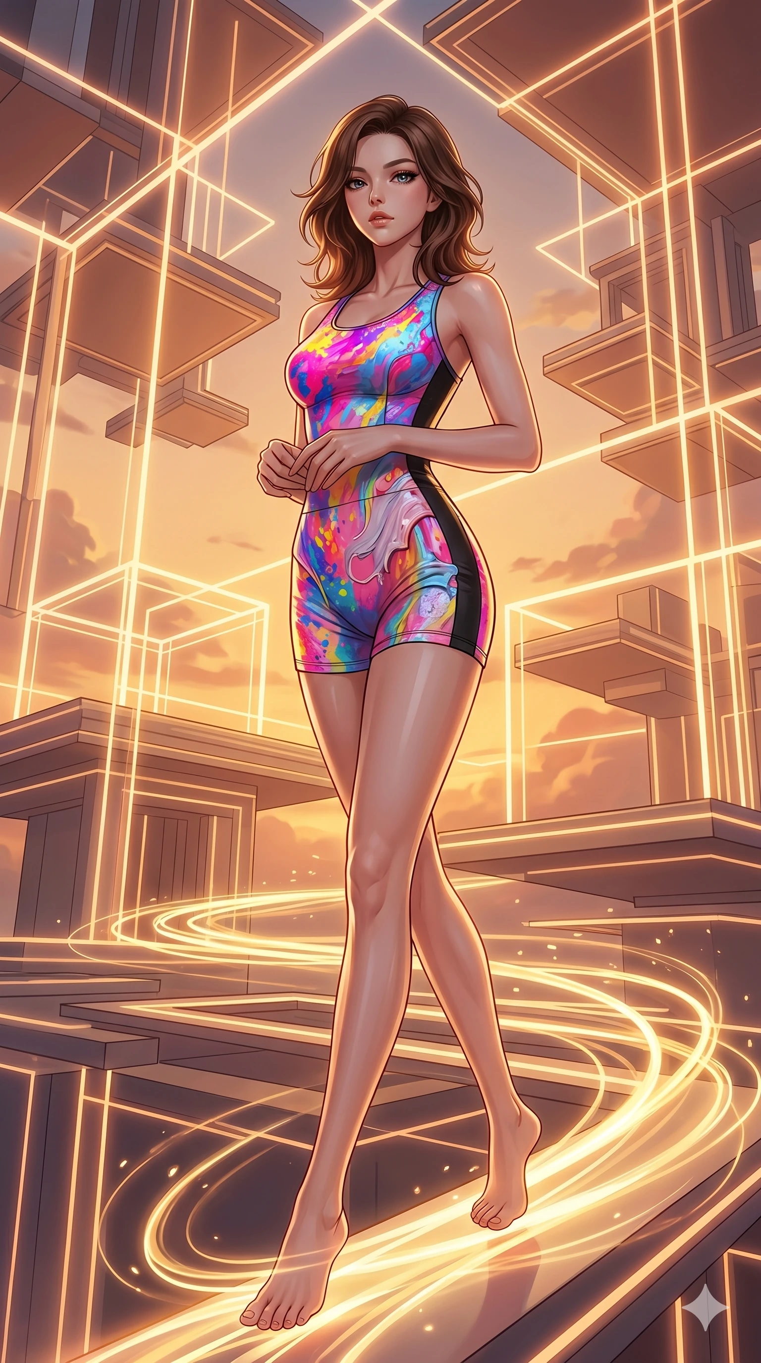 score_9, masterpiece, best quality, ultra-detailed, high-budget anime keyframe, editorial fashion photography, tasteful artistic composition, Korean woman. low angle full-body shot from head to toe showing her feet, filling the entire 9:16 vertical frame with her statuesque presence, stretching her vertical silhouette. stepping gracefully onto in a floating geometric temple made of glowing light beams and clean lines as trails of golden light follow her dynamic movement. She has an absolutely perfect 8-heads proportion, an exceptionally tall and slender female figure with impossibly long slender legs and an ultra-slim waist. V-shaped jawline, high-bridge nose, intricate jewel-like eyes with depth, thick eyelashes, glossy lips with a natural sheen.. wearing a liquid acrylic splash bodysuit, featuring a vivid fluorescent acrylic-paint-splattered structured athletic top with matching high-waist shorts and opaque side detailing. bathed in warm sunset rays that create a soft gold glow along her slender athletic build. 2k, ultra detail, master piece, 9:16 ratio