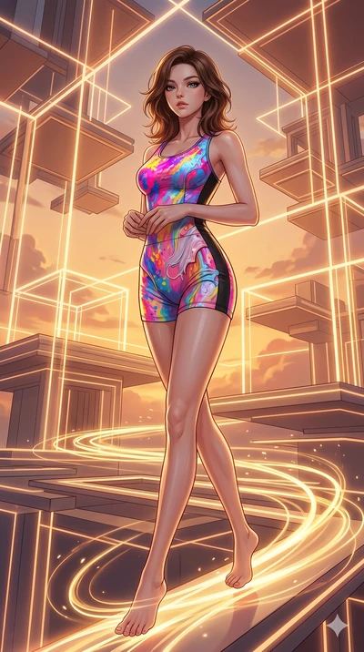 score_9, masterpiece, best quality, ultra-detailed, high-budget anime keyframe, editorial fashion photography, tasteful artistic composition, Korean woman. low angle full-body shot from head to toe showing her feet, filling the entire 9:16 vertical f
