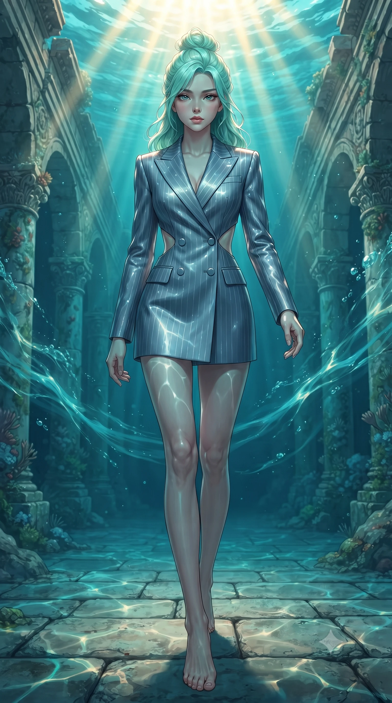 score_9, masterpiece, best quality, ultra-detailed, high-budget anime keyframe, editorial fashion photography, tasteful artistic composition, Japanese woman. low angle full-body shot from head to toe showing her feet, filling the entire 9:16 vertical frame with her statuesque presence, stretching her vertical silhouette. stepping forward in a proud dynamic stride, her vertical silhouette filling the frame with statuesque presence while gliding dynamically through a sunken colonnade as ocean currents swirl her flowing gown, intense golden underwater sunbeams Penetrating deep turquoise water in caustic ripples. She has an absolutely perfect, statuesque 8.5-heads proportion, an exceptionally tall and slender model-like female figure with impossibly long slender legs and an ultra-slim waist. sharp v-shaped jawline, high-bridge nose, intricate jewel-like eyes with depth, thick eyelashes, glossy lips with a natural sheen, flawlessly proportioned anatomical accuracy, natural body alignment, perfectly sculpted elegant limbs, clean dynamic posture without body distortion. wearing a double-breasted blazer dress with subtle metallic pin-stripes in slate blue and metallic silver, made of fine carbon-fiber weave and soft matte leather, featuring clean architectural cutouts along her slender torso, the tailored fabric tightly following every curve of her athletic build. bathed in brilliant sun-drenched water rays and luminous turquoise caustic glow. ultra-reflective glossy finish, specular highlights, metallic sheen, high-contrast stereoscopic depth, volumetric dynamic lighting, 2k, ultra detail, master piece, 9:16 ratio