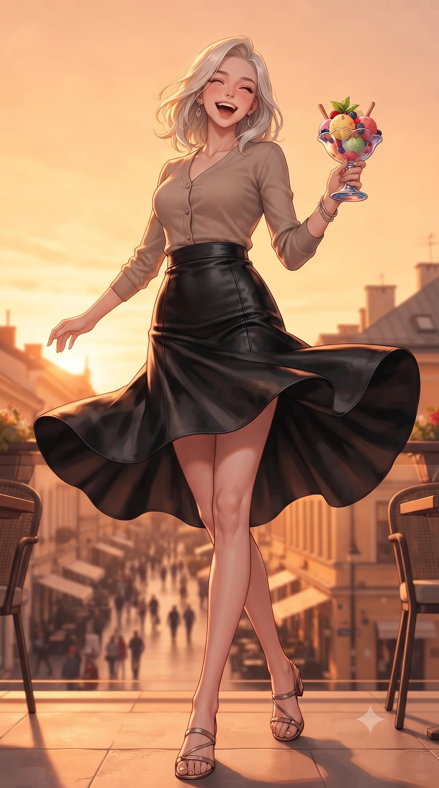 score_9, masterpiece, best quality, ultra-detailed, high-budget anime keyframe, editorial fashion photography, tasteful artistic composition, Caucasian woman. low angle full-body shot from head to toe showing her feet, filling the entire 9:16 vertical frame with her statuesque presence, stretching her vertical silhouette. twirling around with a playful, cute laugh, her skirt billowing beautifully in the air set against a soft-focus background of on a rooftop cafe terrace overlooking a busy pedestrian street below holding a colorful ice cream coupe with fresh berries and mint. She has an absolutely perfect, statuesque 8.5-heads proportion, an exceptionally tall and slender model-like female figure with impossibly long slender legs and an ultra-slim waist. sharp v-shaped jawline, high-bridge nose, intricate jewel-like eyes with depth, thick eyelashes, glossy lips with a natural sheen. wearing form-contouring tight-fitting cashmere cardigan closed, paired with a sleek leather midi skirt. golden hour sunset rays painting the cozy interior in a warm orange wash. ultra-reflective glossy finish, specular highlights, metallic sheen, high-contrast stereoscopic depth, volumetric dynamic lighting, 2k, ultra detail, master piece, 9:16 ratio