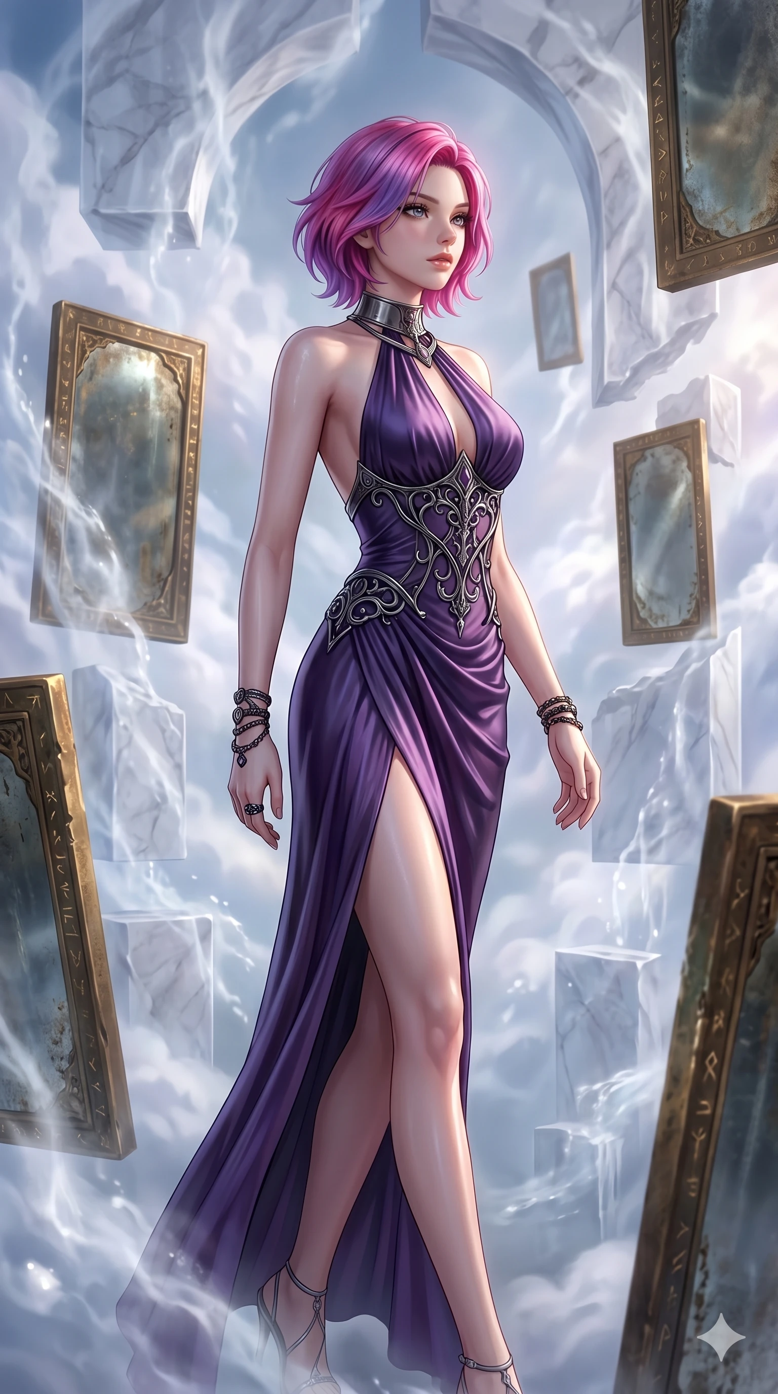 score_9, masterpiece, best quality, ultra-detailed, high-budget anime keyframe, Korean woman. upper body close-up from the thighs up, character filling the screen for maximum presence. wandering through a mirage cloud cathedral of translucent marble and water mist, surrounded by floating ancient bronze mirror walls. She has an absolutely perfect 8-heads proportion, an exceptionally tall and slender female figure with impossibly long slender legs and an ultra-slim waist. V-shaped jawline, high-bridge nose, intricate jewel-like eyes with depth, thick eyelashes, glossy lips with a natural sheen.. wearing a gothic liquid silk gown, featuring a deep purple liquid silk maxi gown draped around her, secured by a metallic choker collar, with a high side slit. lit by a soft glowing ambient light and a sharp side key light that traces the sleek contours of her athletic build. 2k, ultra detail, master piece, 9:16 ratio