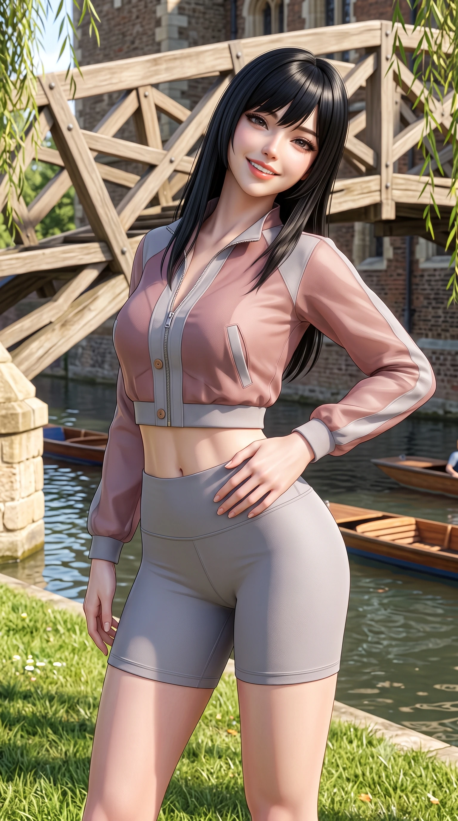 score_9, masterpiece, best quality, ultra-detailed, high-budget anime keyframe, semi-realistic 3D game render, editorial fashion photography, tasteful artistic composition, Caucasian woman. close-up cowboy shot from the waist and thighs up, the character dominates the composition, filling the frame with her large presence. tilting her head with a cute beaming smile while arching her spine with effortless dancer poise, one hand sliding along her hip line in a flirtatious S-curve while standing poised on the sunlit riverbank lawn, twisting her slender torso in an alluring contrapposto stance as wooden punts glide past. The surrounding environment is rendered in vivid detail and crisp panoramic clarity. sharp geometric timber beam joints of the bridge, river water ripple caustics, and stone masonry in deep focus. She has an exceptionally elegant, slender, and willowy female figure with an ultra-slim waist, flat toned midriff, narrow ribcage, and sculpted feminine hips creating an alluring, slim hourglass silhouette without bulk. sharp v-shaped jawline, high-bridge nose, intricate jewel-like sparkling eyes with depth, thick eyelashes, glossy parted lips with a natural peach sheen, bright cheerful beaming smile with an enchanting and coquettish sensual glint, exuding both youthful cute charm and seductive allure, flawlessly proportioned anatomical accuracy, strict slender model proportions, natural body alignment, perfectly sculpted long slender limbs, ultra-slim waistline, clean dynamic posture without body distortion. wearing a sporty chic zip-up crop jacket paired with high-waisted biker shorts clinging to her athletic hips in dusty rose and soft dove grey, woven from layered gossamer organza with weightless flutter, finished with neat front wooden buttons and delicate pocket details, the form-fitting cut adhering flawlessly to her sculpted flat midriff and slender torso, emphasizing her long leg lines and perfectly proportioned willowy build. bathed in gentle, luminous English afternoon sunlight filtering through willow branches. highly saturated vibrant anime colors, detailed shading with soft gradients, rich glossy textures, high-contrast stereoscopic depth, volumetric dynamic lighting, master piece, 9:16 ratio