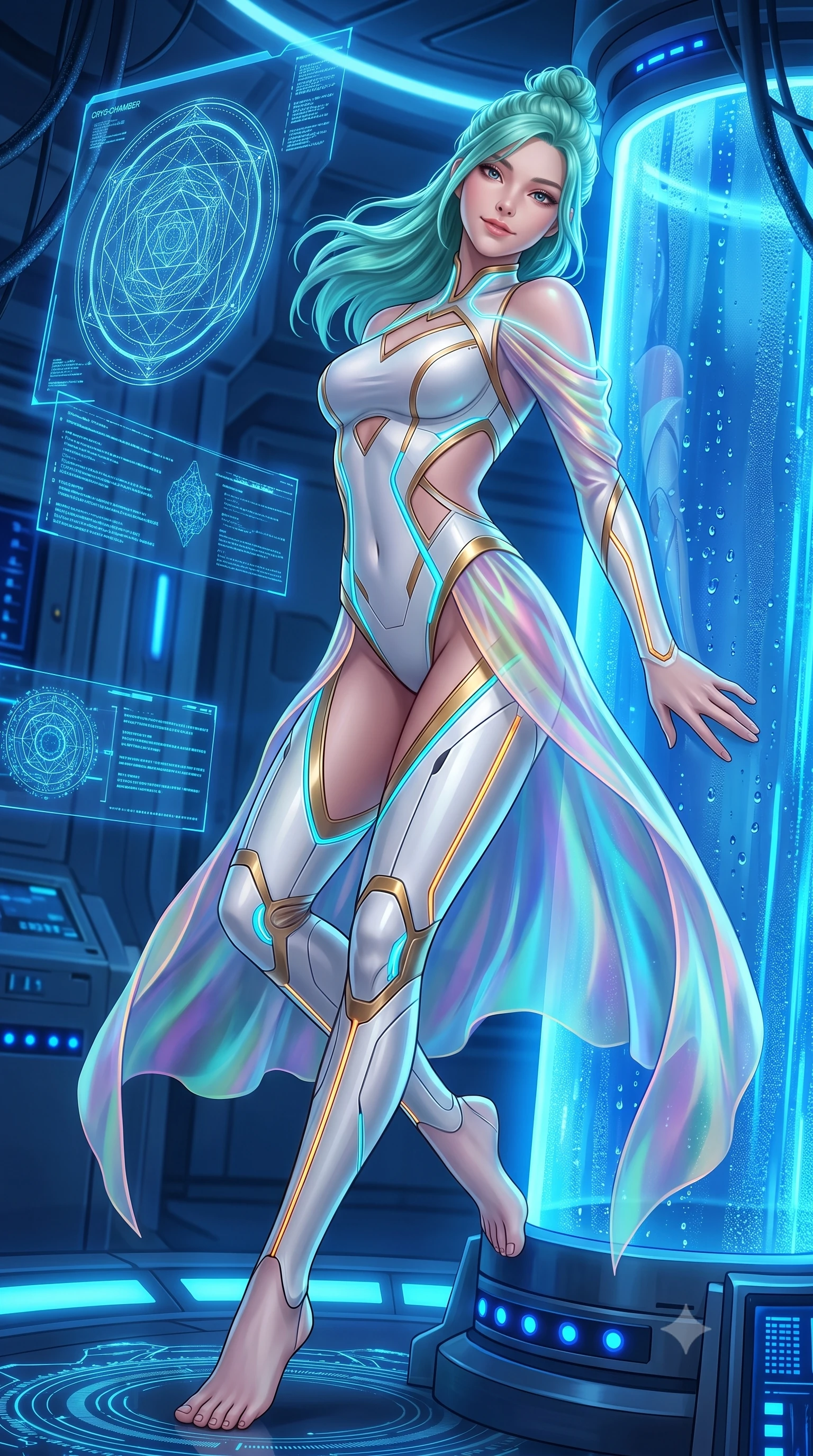 score_9, masterpiece, best quality, ultra-detailed, high-budget anime keyframe, semi-realistic 3D game render, editorial fashion photography, tasteful artistic composition, Japanese woman. low angle full-body shot from head to toe showing her feet, filling the entire 9:16 vertical frame with her statuesque presence, stretching her vertical silhouette. arching her spine in a fluid zero-gravity turn with sovereign grace, her long slender legs and sculpted torso creating a sweeping line while leaning against a glowing blue cryo-column with a wise, captivating smile looking directly into the camera. The surrounding environment is rendered in vivid detail and crisp panoramic clarity. crisp holographic geometric mandala glyphs, cryo-pipe condensation beads, and deep blue LEDs in high clarity. She has an absolutely perfect, statuesque 8.5-heads proportion, an exceptionally tall and slender model-like female figure with impossibly long slender legs, a toned flat midriff, and an ultra-slim waist. sharp v-shaped jawline, high-bridge nose, intricate jewel-like eyes with depth, thick eyelashes, glossy lips with a natural sheen, flawlessly proportioned anatomical accuracy, strict slender model proportions, natural body alignment, perfectly sculpted long slender limbs, ultra-slim waistline, clean dynamic posture without body distortion. wearing a second-skin white-and-gold high-fashion tech-bodysuit with diagonal midriff cutouts and glowing cyan fiber seams in high-contrast monochrome white enamel and glowing amber lines, made of smooth flowing silk chiffon that shifts colors with movement, accented with glowing fiber-optic seams tracing her collarbones and hip curves, the glove-like aerodynamic second-skin fit tightly clinging to her ultra-slender waist and athletic curves without adding bulk, accentuating her razor-sharp statuesque lines and slim hourglass silhouette. bathed in glowing electric sapphire and cyan data stream illumination with rich ambient blue fill. rich saturated anime colors with glowing neon highlights, detailed shading with soft gradients, rich glossy textures, high-contrast stereoscopic depth, volumetric dynamic lighting, master piece, 9:16 ratio