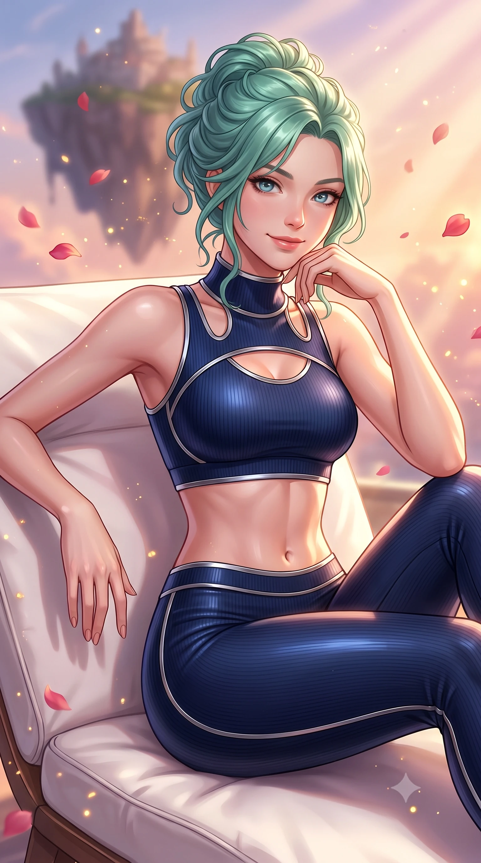 score_9, masterpiece, best quality, ultra-detailed, high-budget anime keyframe, editorial fashion photography, tasteful artistic composition, Japanese woman. close-up cowboy shot from the waist and thighs up, the character dominates the composition, filling the frame with her large presence, background elements kept in soft focus. Smiling with quiet, magnetic self-assurance directly into the lens resting on a luxurious white lounge chair overlooking a floating sky island, floating rose petals and golden dust motes sparkling in the air. She has an exceptionally elegant, slender, and willowy female figure with an ultra-slim waist, a gracefully sculpted slender torso, and a refined silhouette. sharp v-shaped jawline, high-bridge nose, intricate jewel-like eyes with depth, thick eyelashes, glossy lips with a natural sheen. wearing a form-fitting ribbed activewear set with collar cutouts in midnight navy blue and chrome trim, formed from sleek second-skin neoprene, featuring clean architectural cutouts along her slender torso, the tailored fabric tightly following every curve of her athletic build. bathed in glorious golden hour sunbeams and warm rose-gold ambient light. highly saturated vibrant anime colors, detailed shading with soft gradients, rich glossy textures, high-contrast stereoscopic depth, volumetric dynamic lighting, master piece, 9:16 ratio