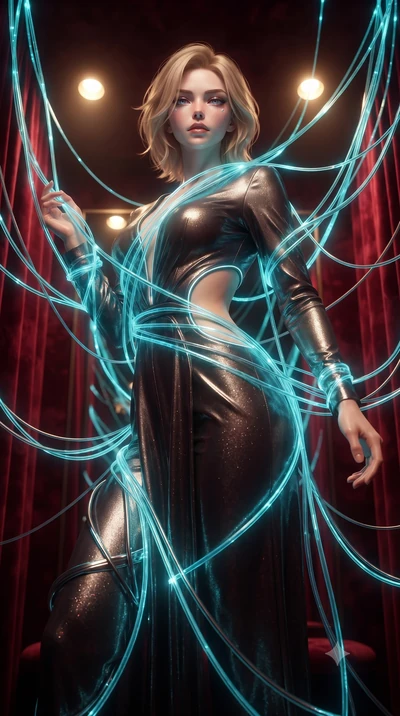 score_9, masterpiece, best quality, ultra-detailed, High-budget Anime Keyframe, editorial fashion photography, tasteful artistic composition, realistic cosplay photography, Caucasian woman, strictly human ears. Low angle cowboy shot filling the entir
