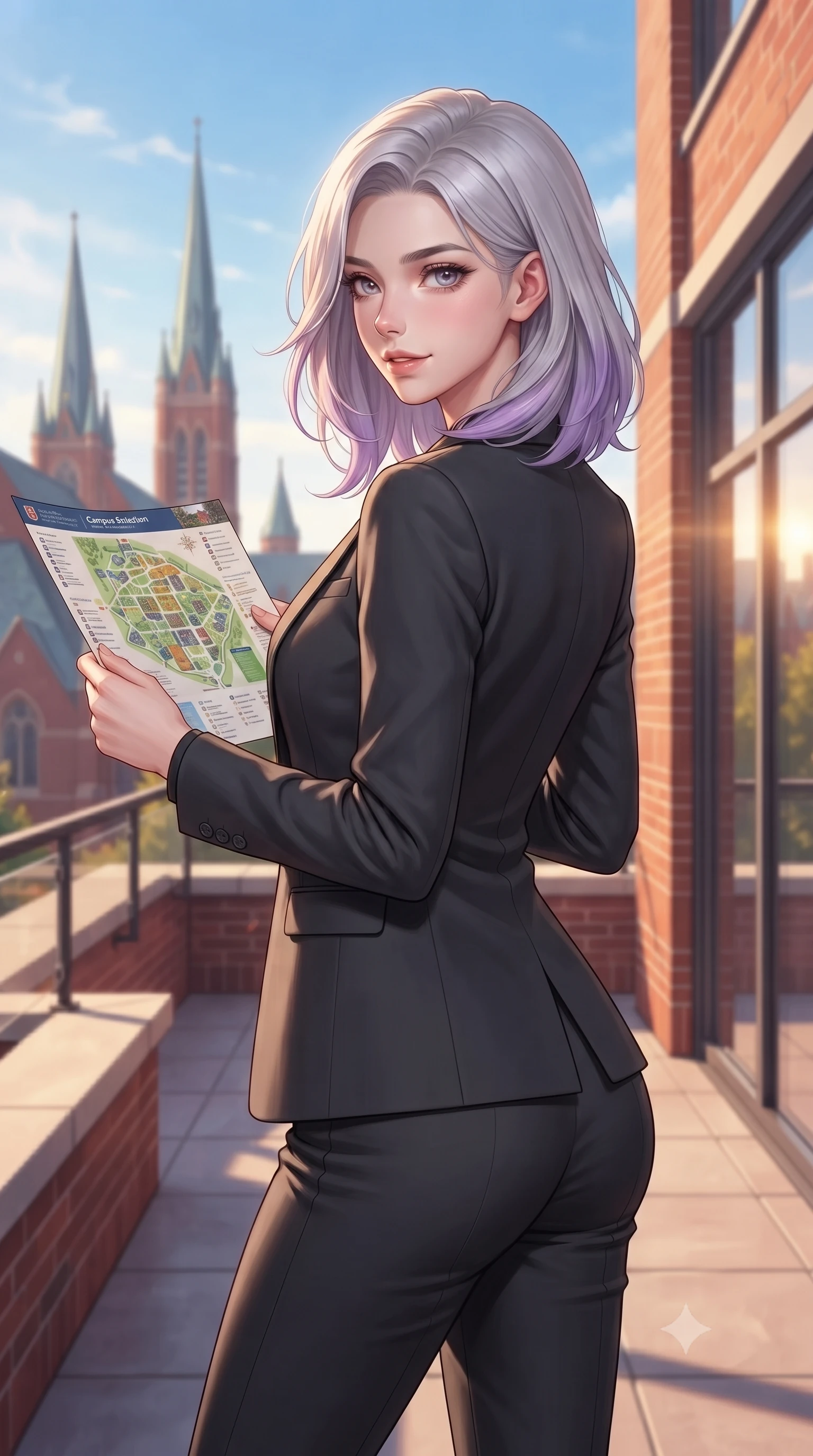 score_9, masterpiece, best quality, ultra-detailed, high-budget anime keyframe, editorial fashion photography, tasteful artistic composition, Caucasian woman. close-up cowboy shot from the waist and thighs up, the character dominates the composition, filling the frame with her large presence, background elements kept in soft focus. glancing sidelong over her shoulder with an alluring, lingering gaze and a subtle grin set against a soft-focus background of on a scenic campus rooftop terrace overlooking the university spires and a blue sky looking at a campus map brochure with a cheerful, curious look. She has an exceptionally elegant, slender, and willowy female figure with an ultra-slim waist, a gracefully sculpted slender torso, and a refined silhouette. sharp v-shaped jawline, high-bridge nose, intricate jewel-like eyes with depth, thick eyelashes, glossy lips with a natural sheen. wearing body-hugging tight-fitting tailored blazer in charcoal, closed over a body-hugging black top and slim trousers. warm golden sunbeams reflecting off the red-brick walls and glass windows. highly saturated vibrant anime colors, detailed shading with soft gradients, rich glossy textures, high-contrast stereoscopic depth, volumetric dynamic lighting, master piece, 9:16 ratio